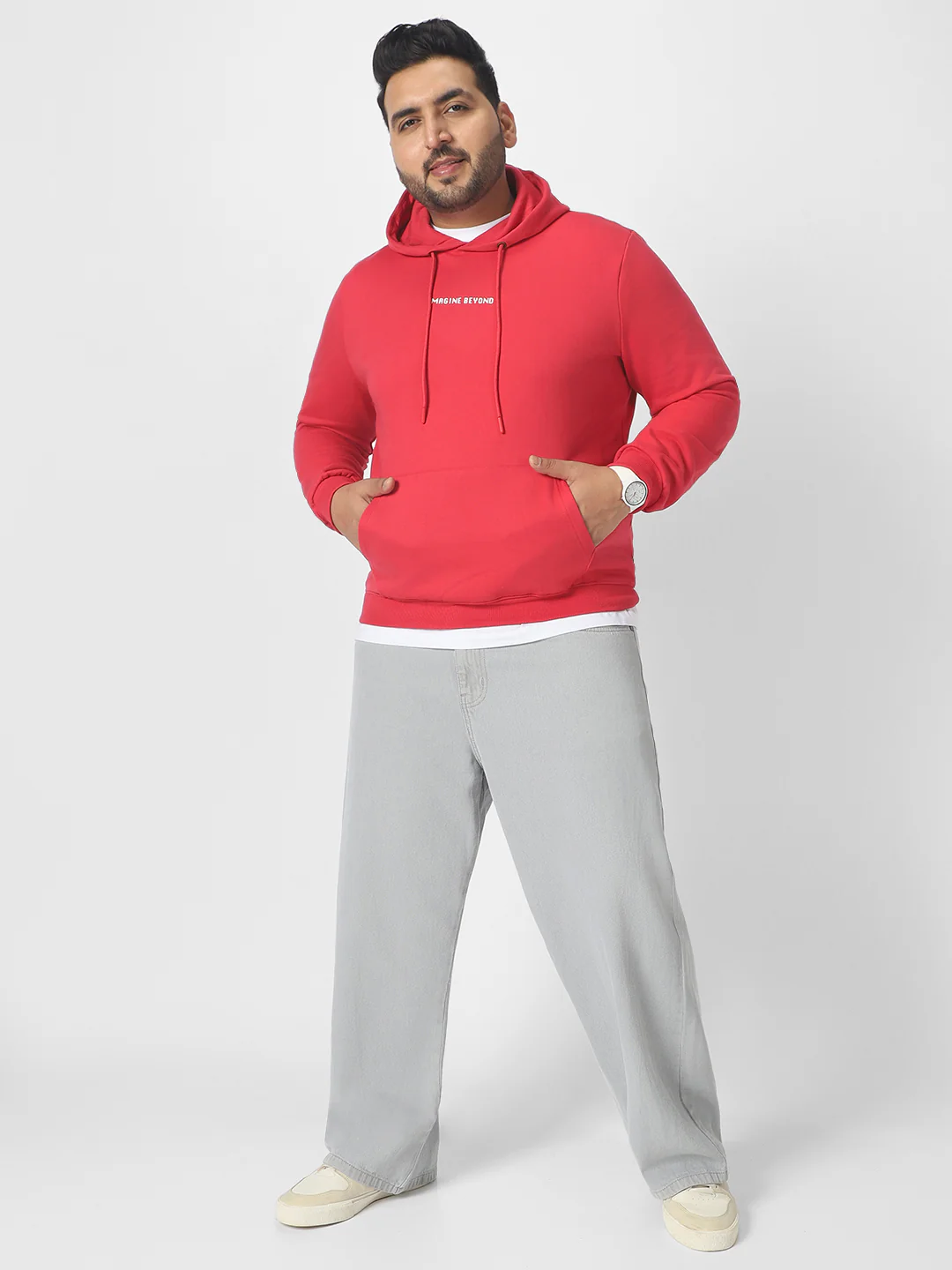 Plus Men's Red Cotton Graphic Print Hooded Neck Sweatshirt - Image 4