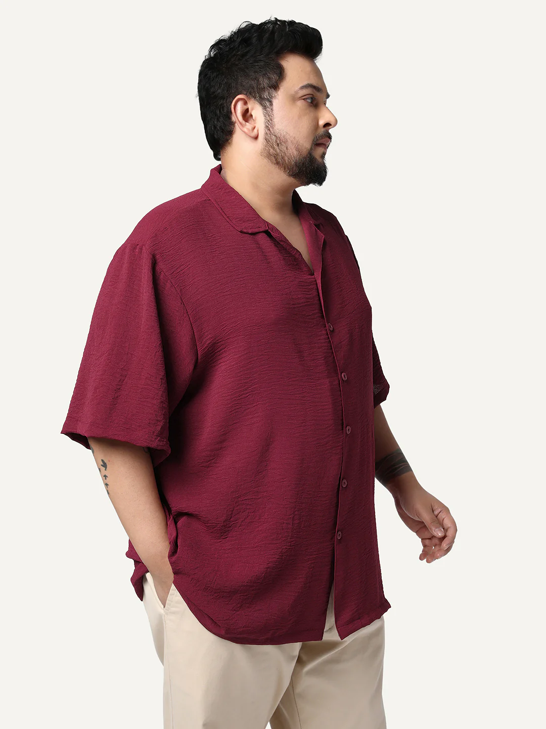 Plus Men's Red Cotton Half Sleeve Relaxed Fit Textured Shirt with Cuban Collar - Image 2