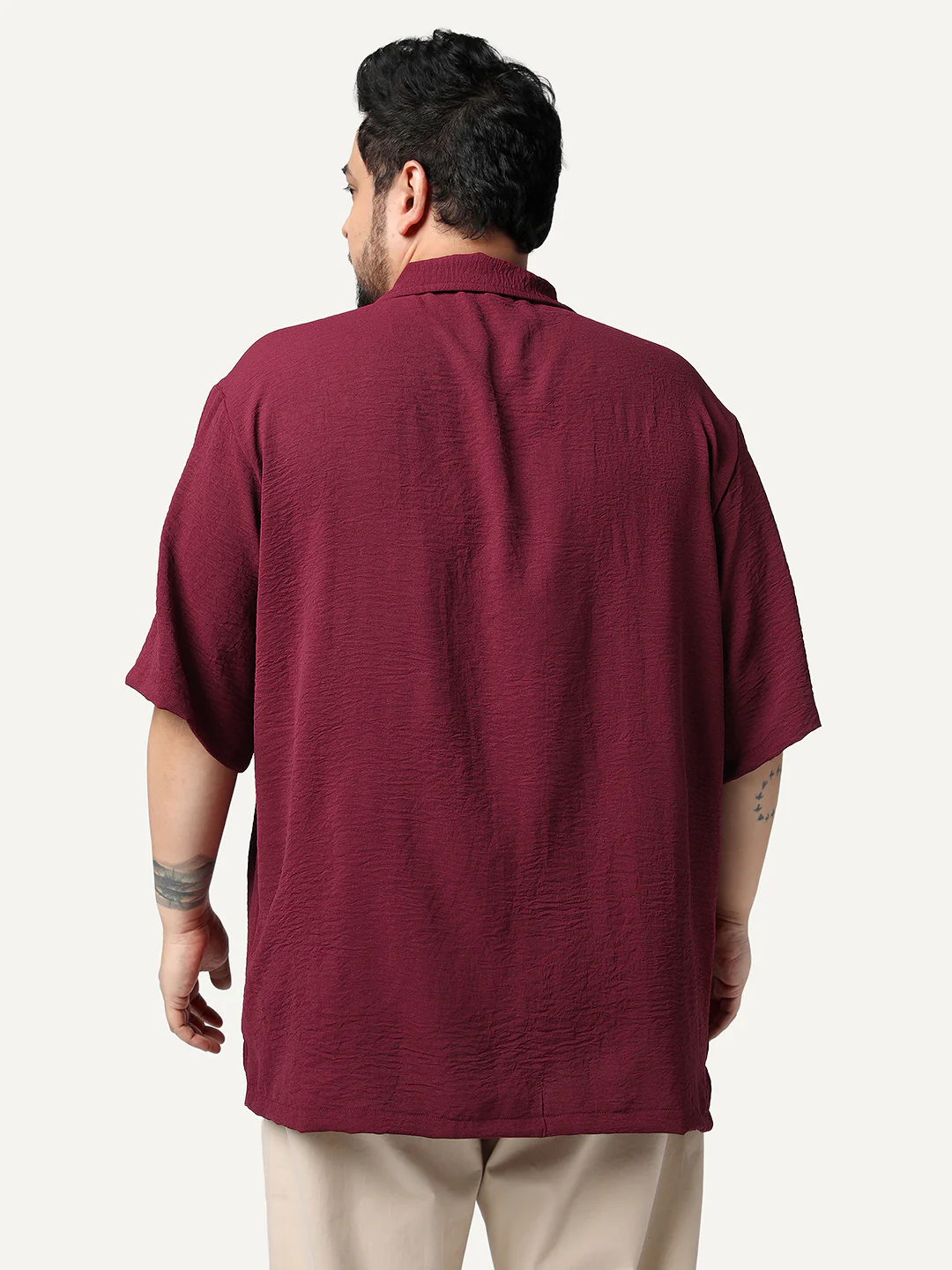 Plus Men's Red Cotton Half Sleeve Relaxed Fit Textured Shirt with Cuban Collar - Image 3