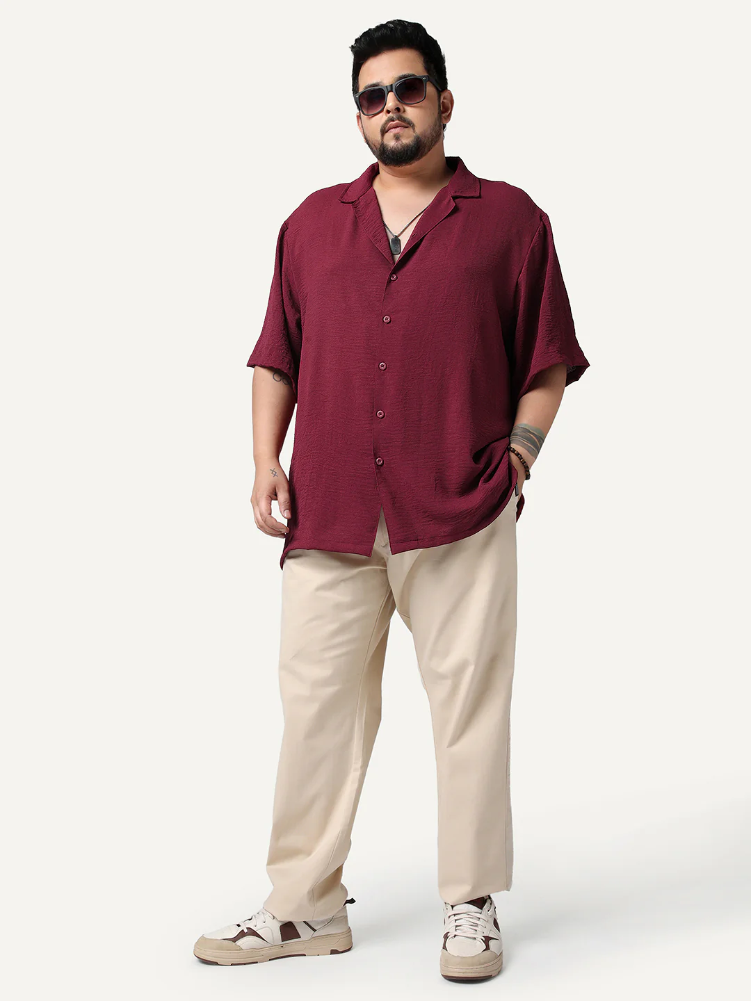 Plus Men's Red Cotton Half Sleeve Relaxed Fit Textured Shirt with Cuban Collar - Image 4