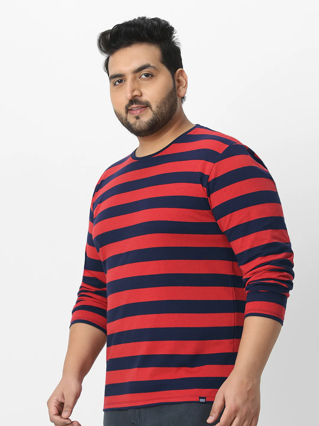 Plus Men's Red, Navy Blue Striped Regular Fit Full Sleeve Cotton T-Shirt - Image 3