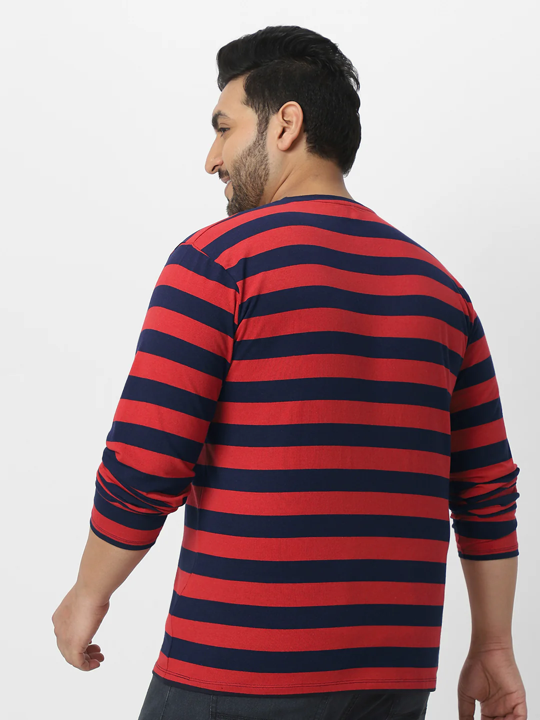 Plus Men's Red, Navy Blue Striped Regular Fit Full Sleeve Cotton T-Shirt - Image 4