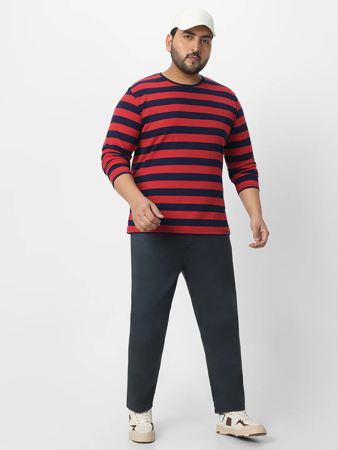 Plus Men's Red, Navy Blue Striped Regular Fit Full Sleeve Cotton T-Shirt - Image 5