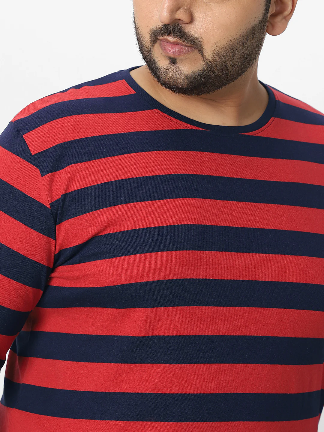 Plus Men's Red, Navy Blue Striped Regular Fit Full Sleeve Cotton T-Shirt - Image 6