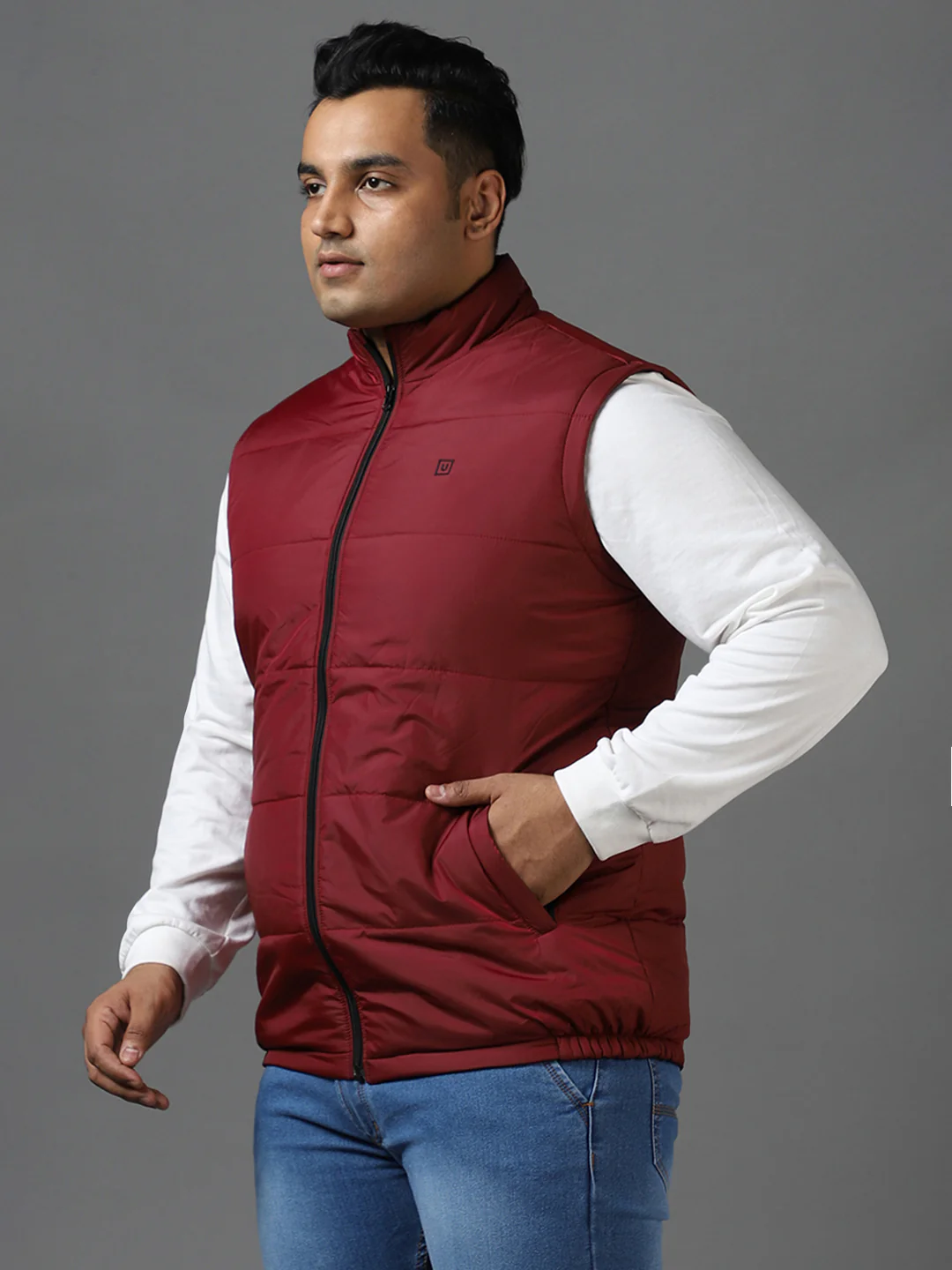 Plus Men's Red Sleeveless Zippered Puffer Jacket - Image 3