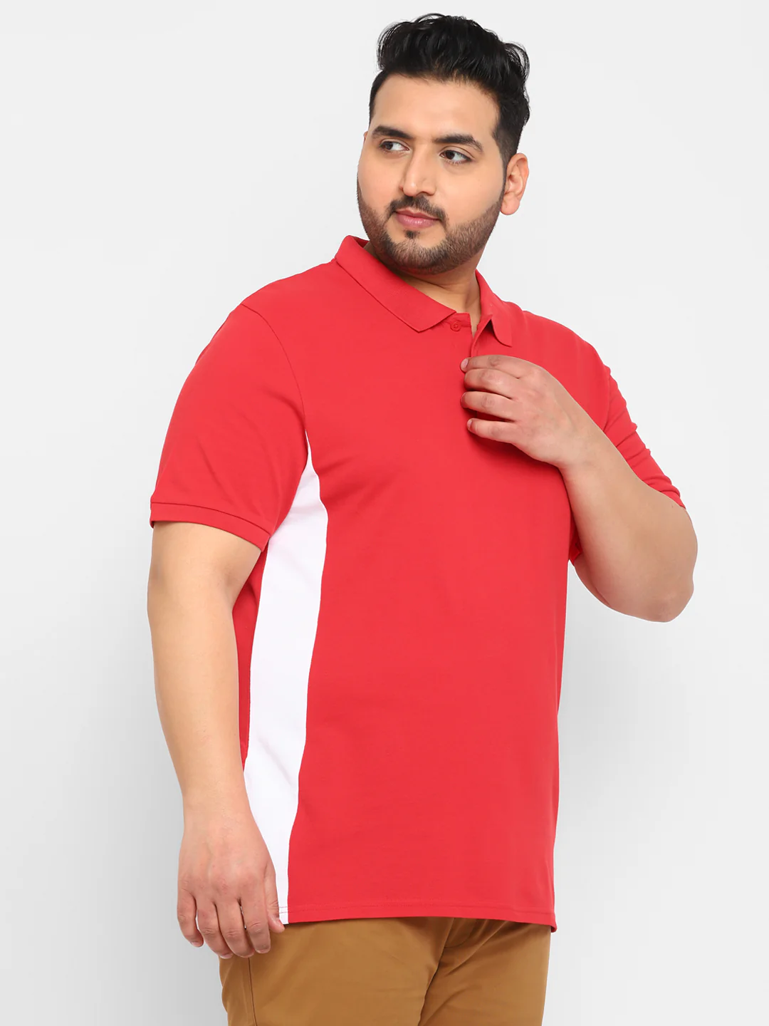 Plus Men's Red, White Colour-Block Regular Fit Half Sleeve Cotton Polo T-Shirt - Image 2