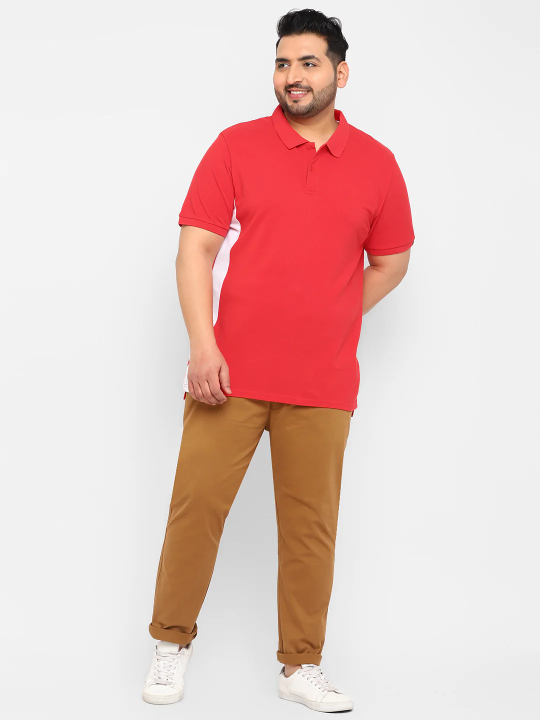 Plus Men's Red, White Colour-Block Regular Fit Half Sleeve Cotton Polo T-Shirt - Image 4