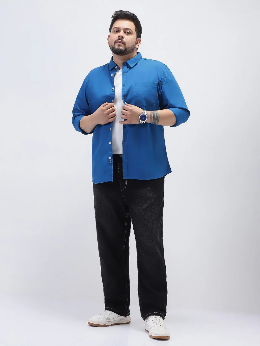 Plus Men's Royal Blue Cotton Full Sleeve Regular Fit Casual Solid Shirt - Image 4