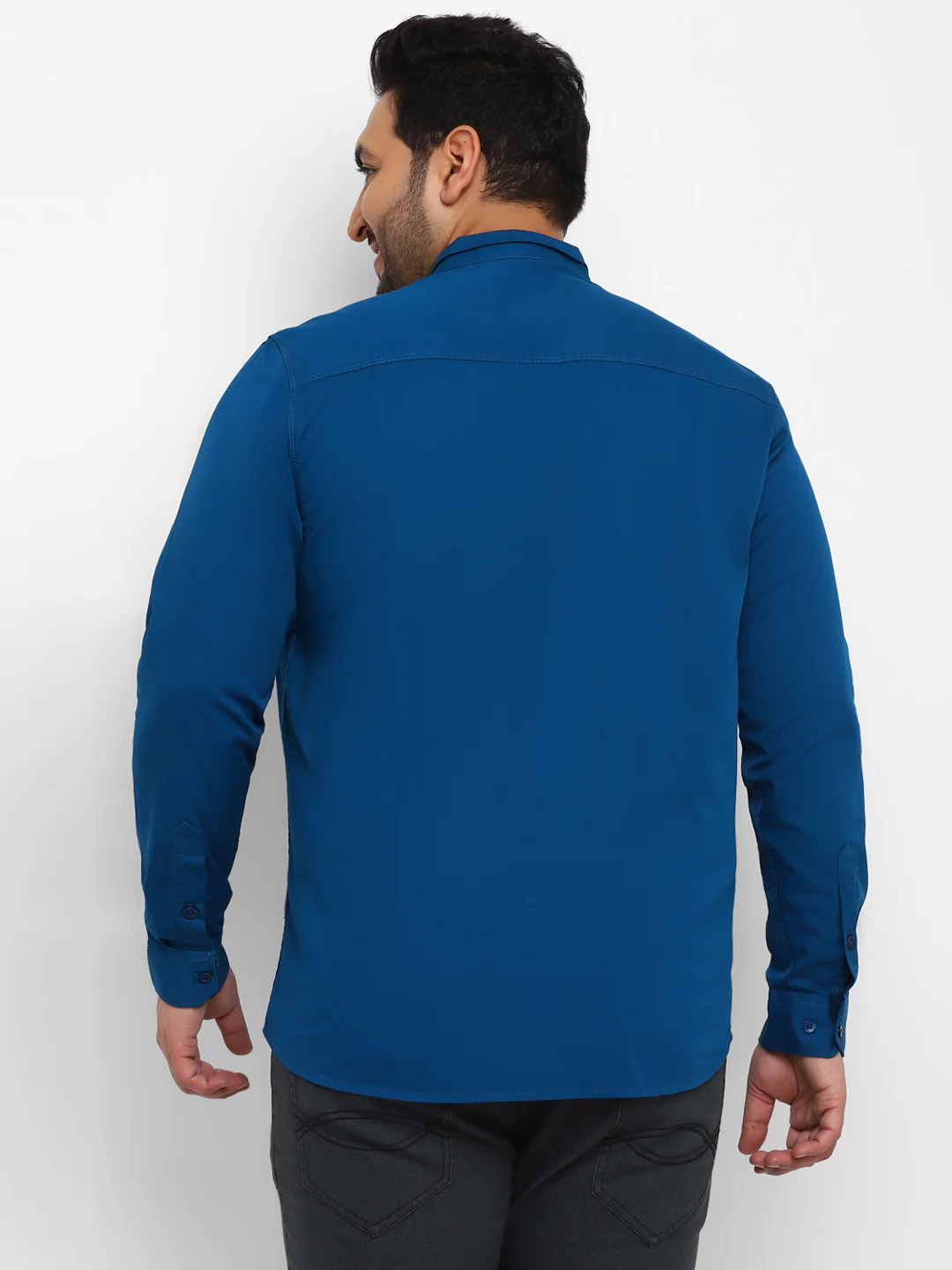 Plus Men's Royal Blue Cotton Full Sleeve Regular Fit Casual Solid Shirt with Mandarin Collar - Image 3