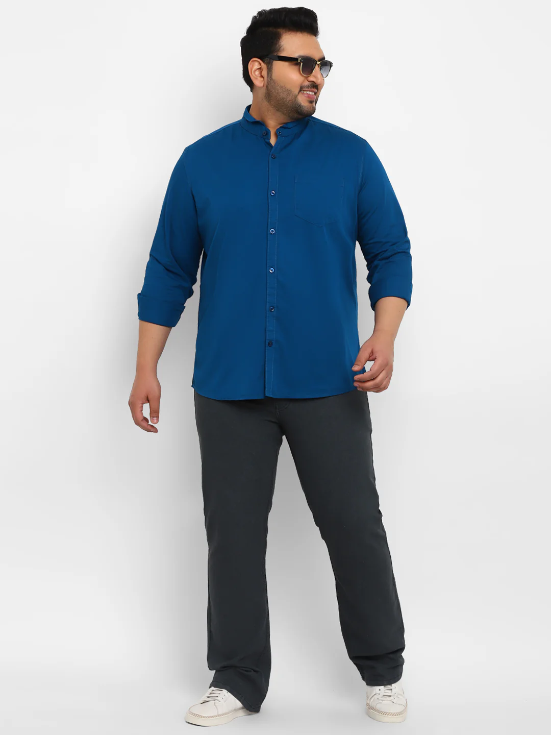 Plus Men's Royal Blue Cotton Full Sleeve Regular Fit Casual Solid Shirt with Mandarin Collar - Image 4