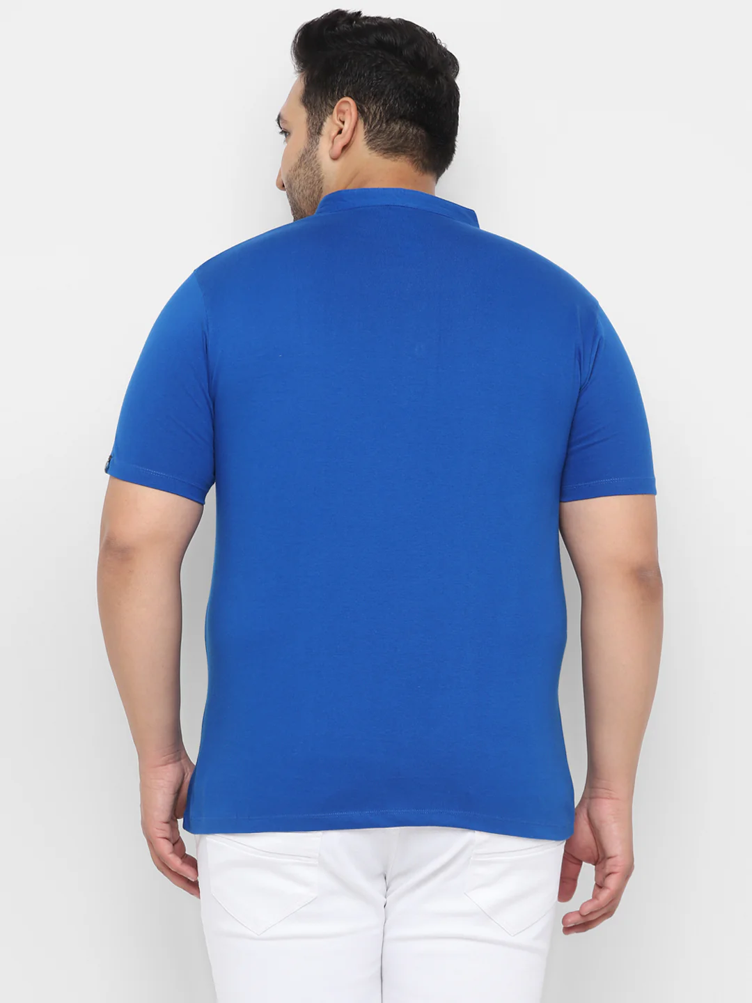 Plus Men's Royal Blue Solid Mandarin Collar Regular Fit Cotton T-Shirt - Image 3