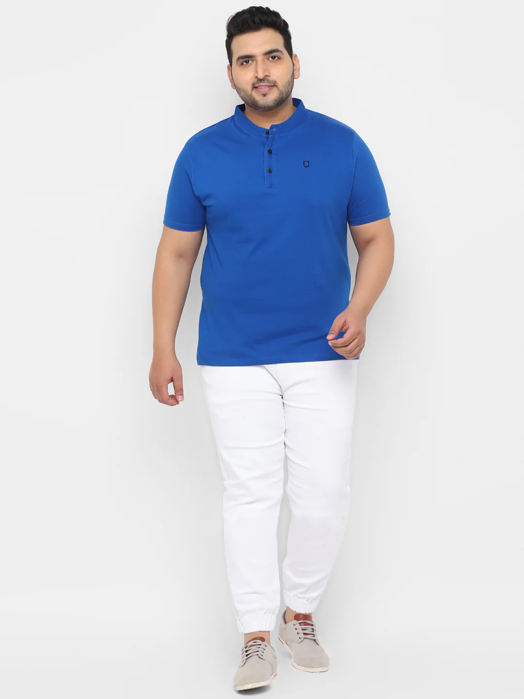 Plus Men's Royal Blue Solid Mandarin Collar Regular Fit Cotton T-Shirt - Image 4