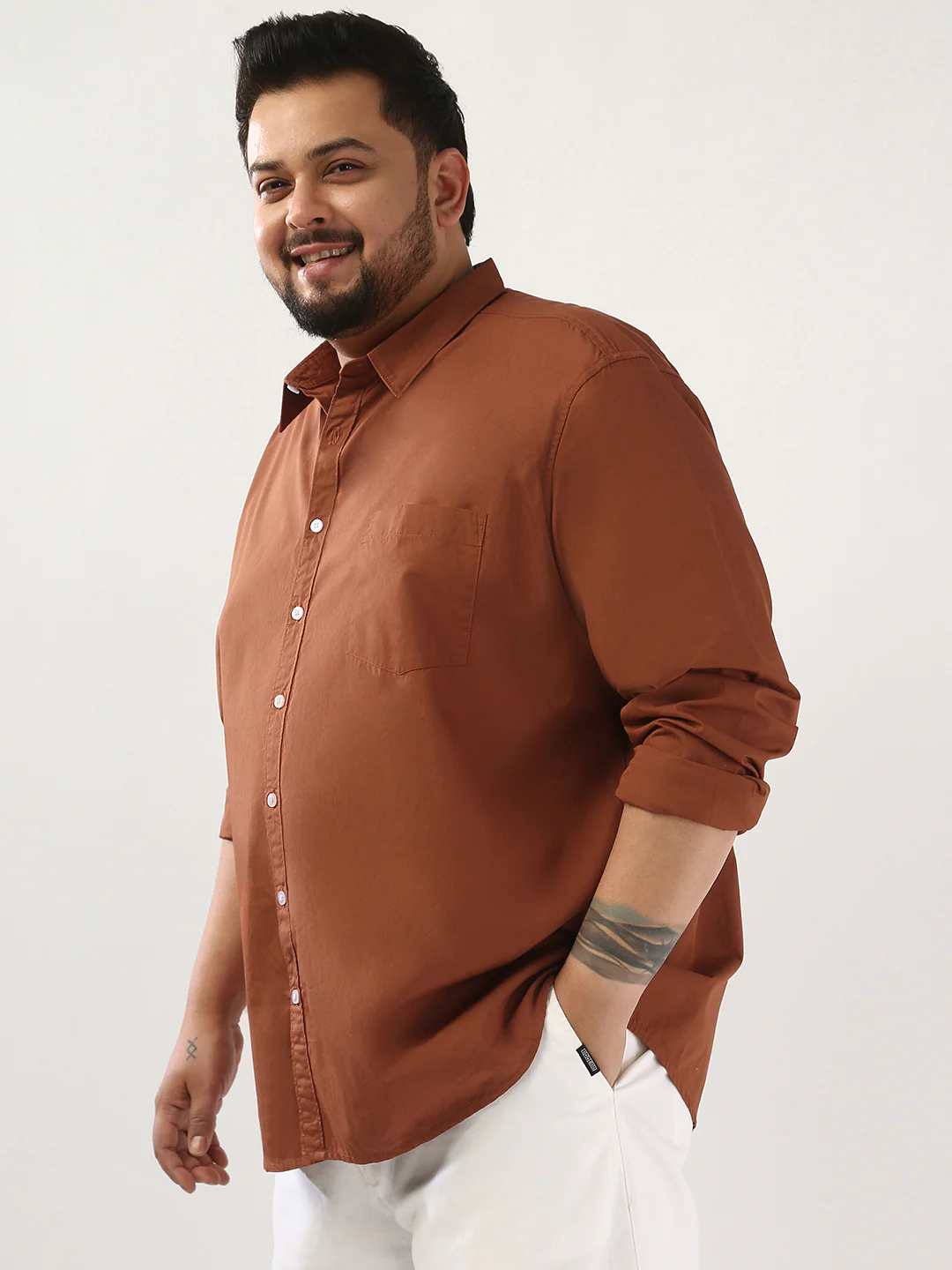 Plus Men's Rust Cotton Full Sleeve Regular Fit Casual Solid Shirt