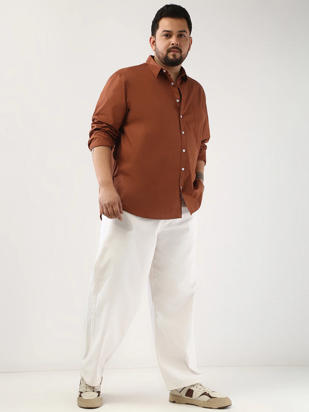 Plus Men's Rust Cotton Full Sleeve Regular Fit Casual Solid Shirt - Image 3