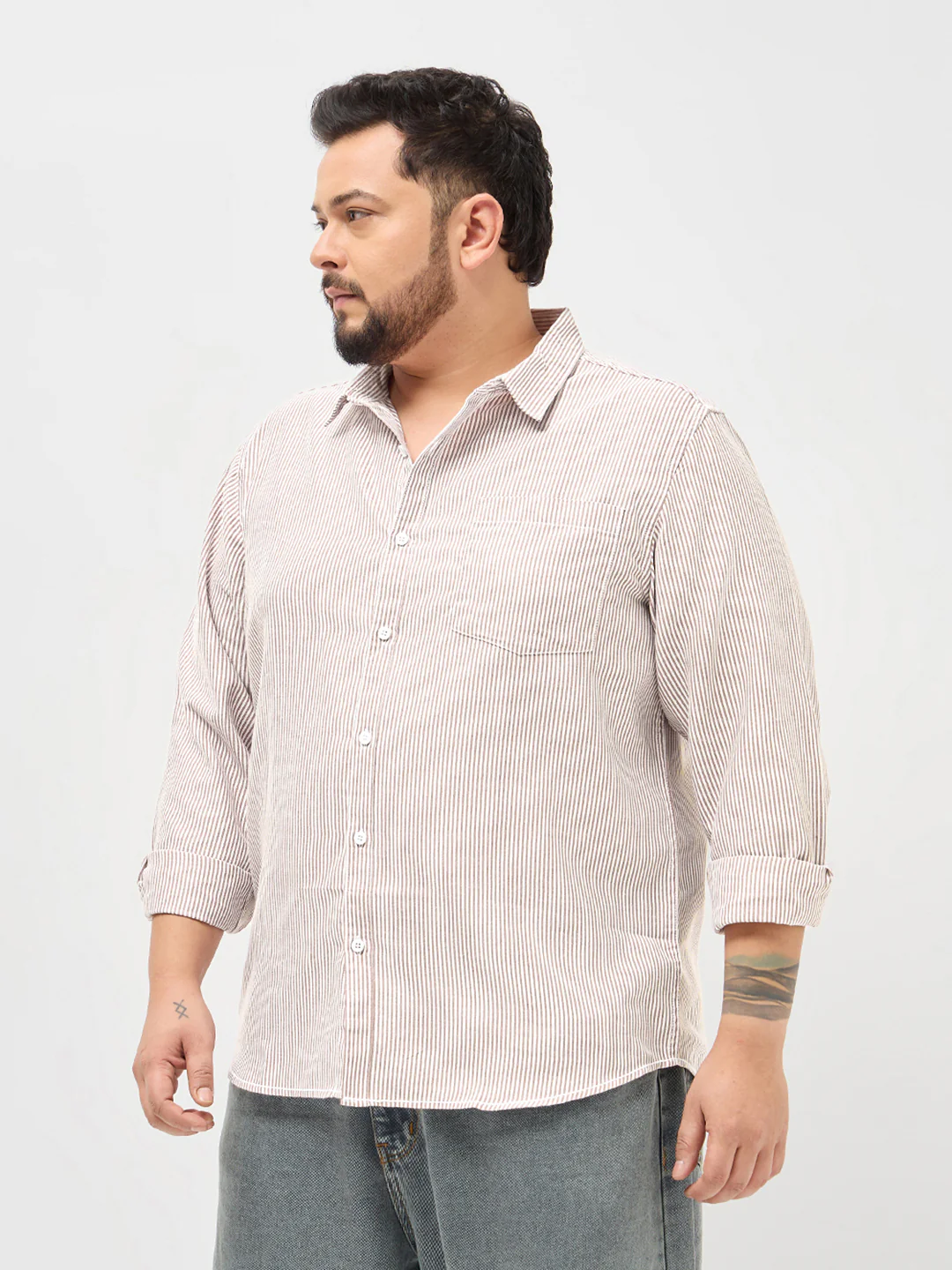 Plus Men's Rust Cotton Full Sleeve Regular Fit Casual Striped Shirt - Image 3