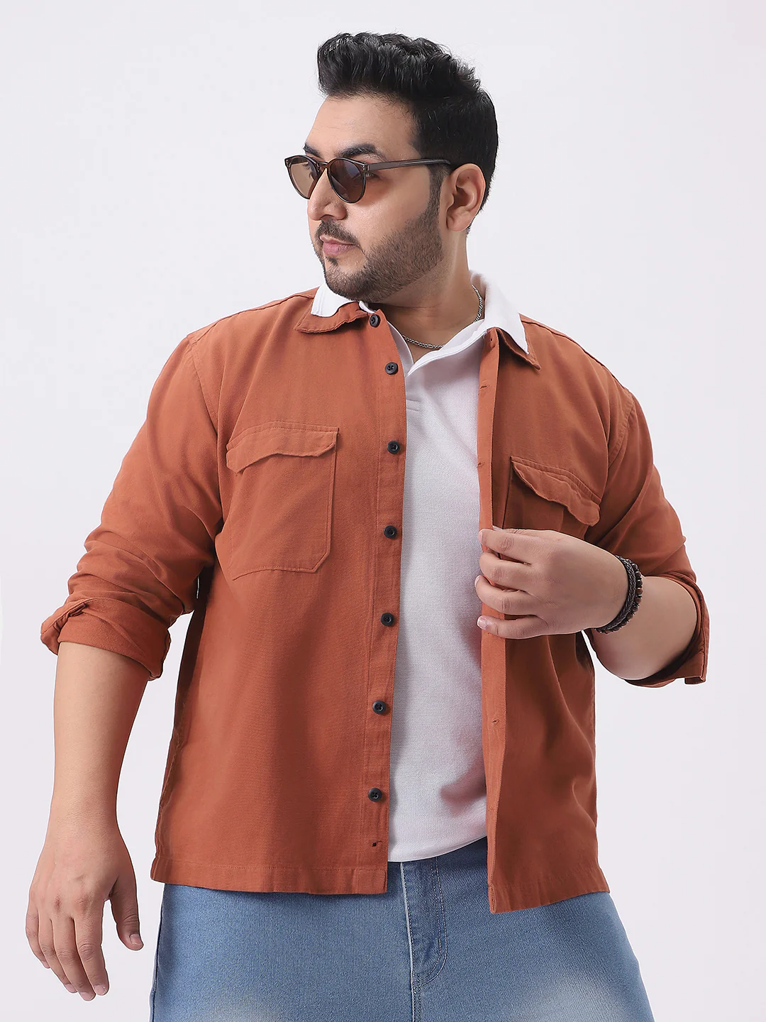 Plus Men's Rust Cotton Full Sleeve Relaxed Fit Shacket with Utility Pockets