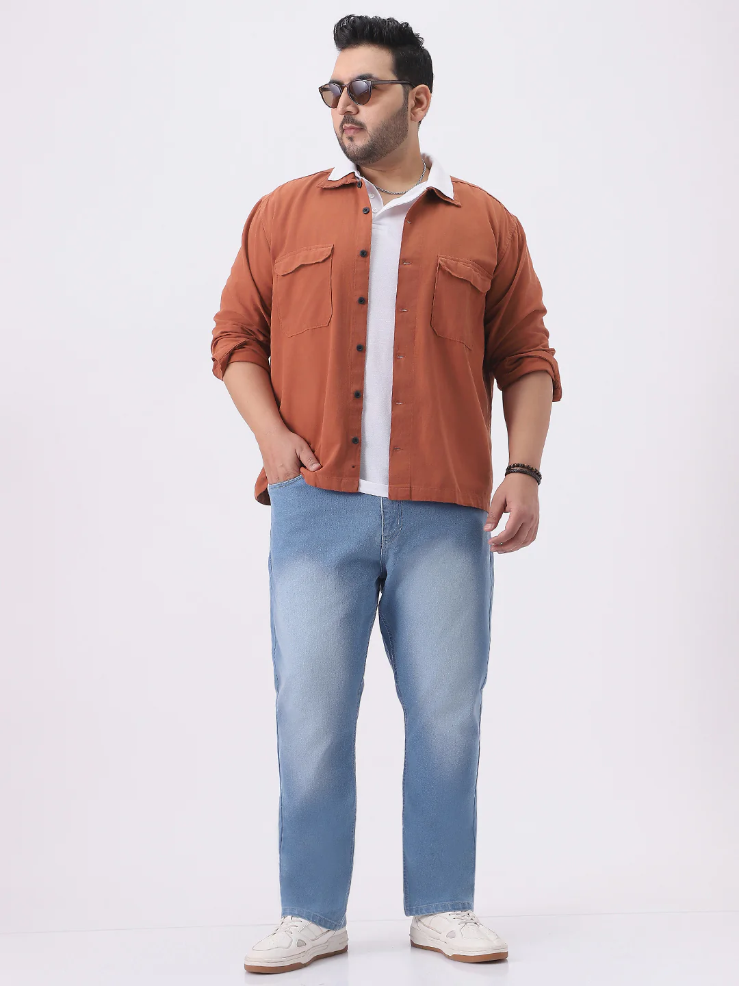 Plus Men's Rust Cotton Full Sleeve Relaxed Fit Shacket with Utility Pockets - Image 2