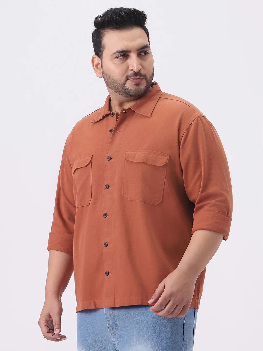 Plus Men's Rust Cotton Full Sleeve Relaxed Fit Shacket with Utility Pockets - Image 3