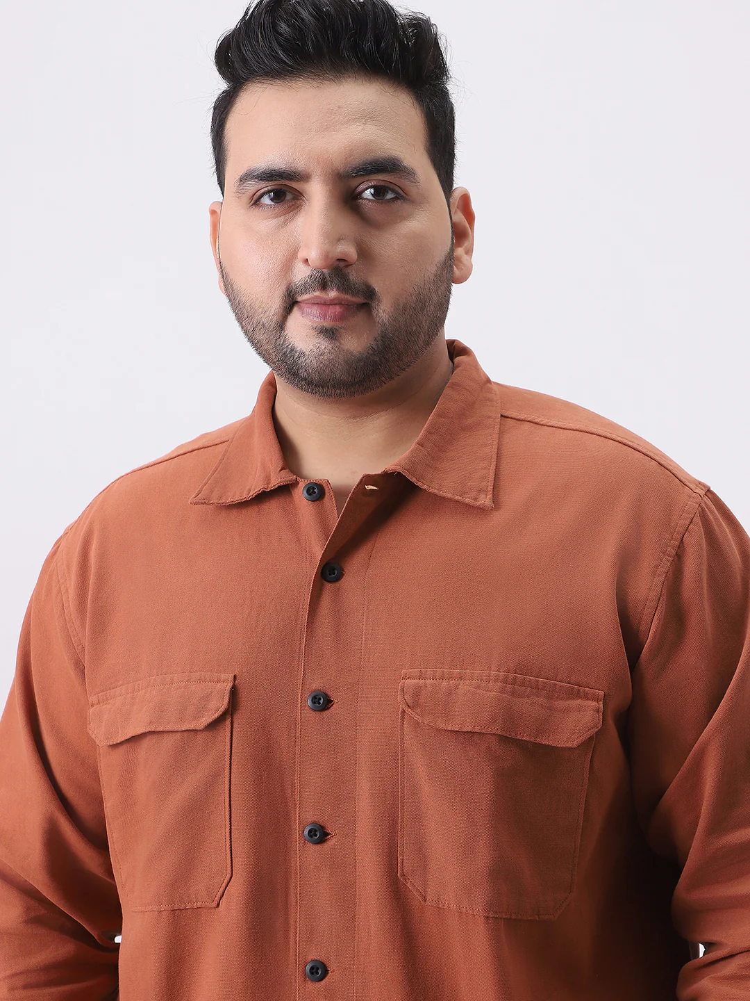 Plus Men's Rust Cotton Full Sleeve Relaxed Fit Shacket with Utility Pockets - Image 5