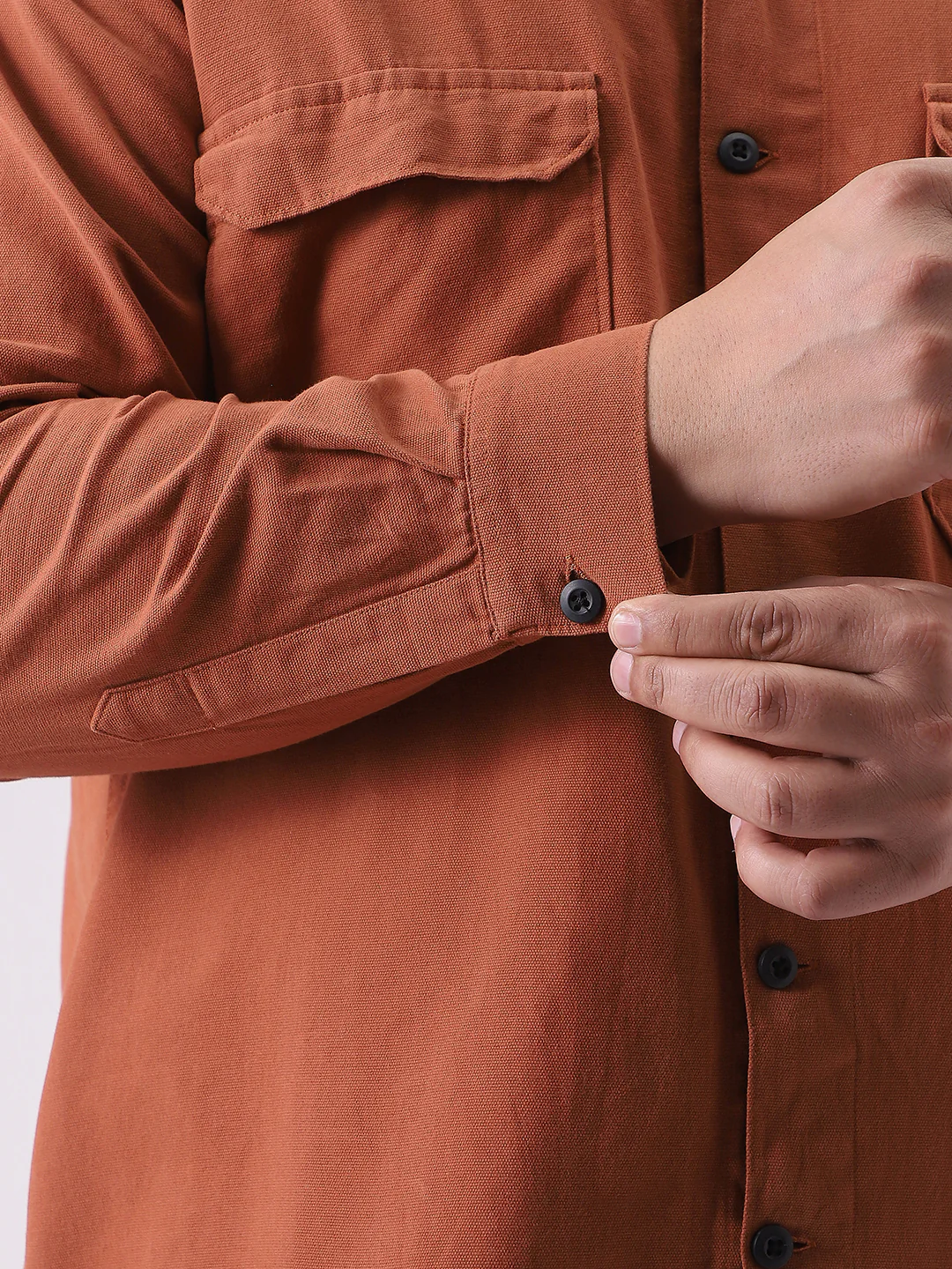 Plus Men's Rust Cotton Full Sleeve Relaxed Fit Shacket with Utility Pockets - Image 6
