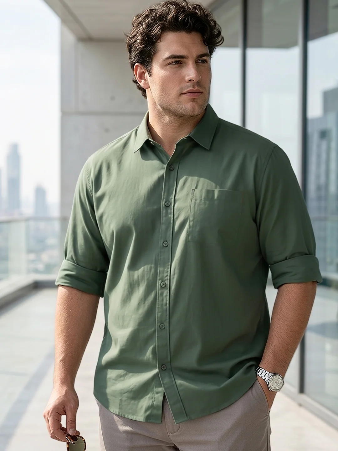 Plus Men's Sage Green Cotton Full Sleeve Regular Fit Casual Solid Shirt
