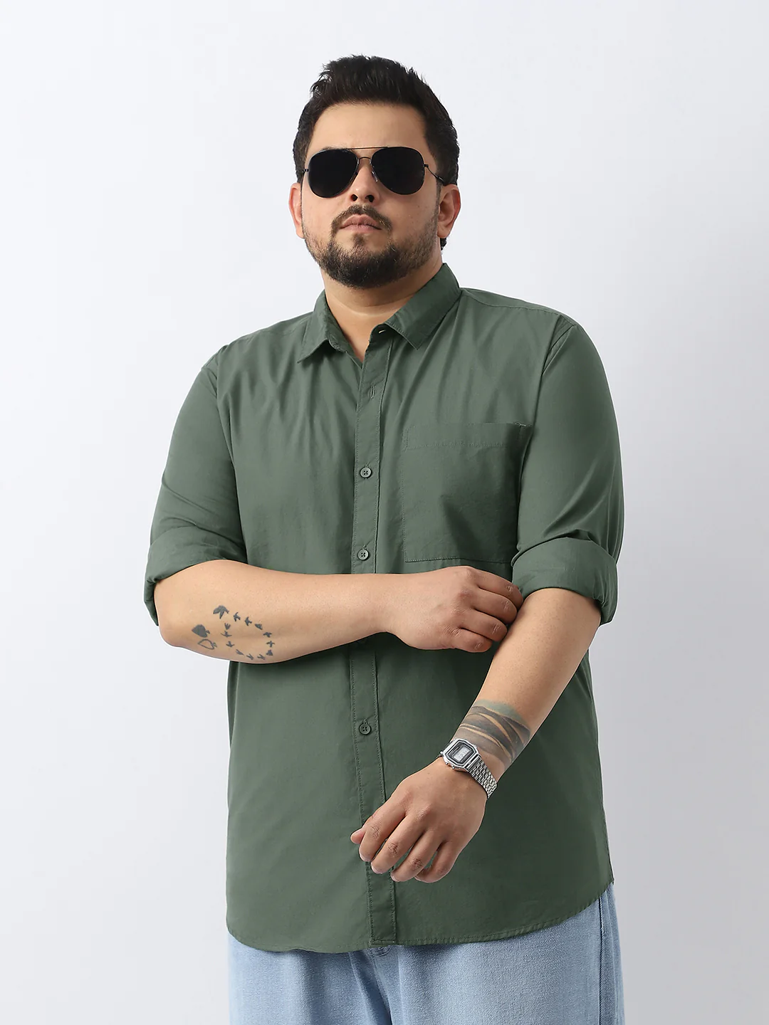 Plus Men's Sage Green Cotton Full Sleeve Regular Fit Casual Solid Shirt - Image 2