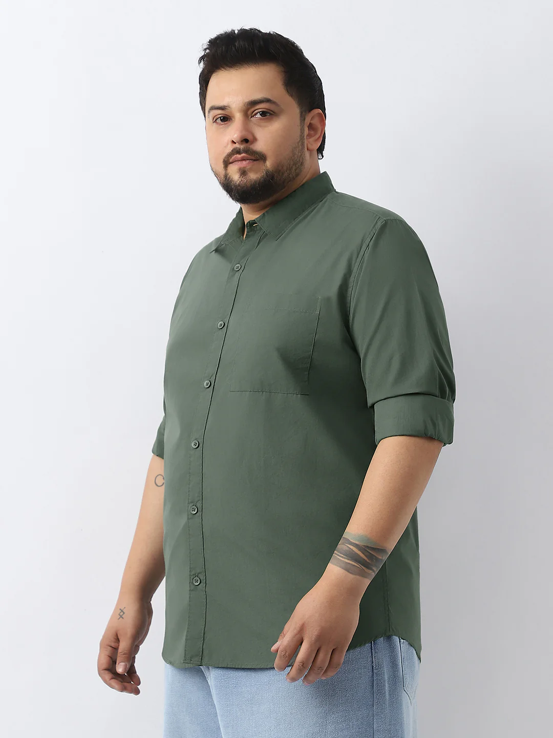 Plus Men's Sage Green Cotton Full Sleeve Regular Fit Casual Solid Shirt - Image 3