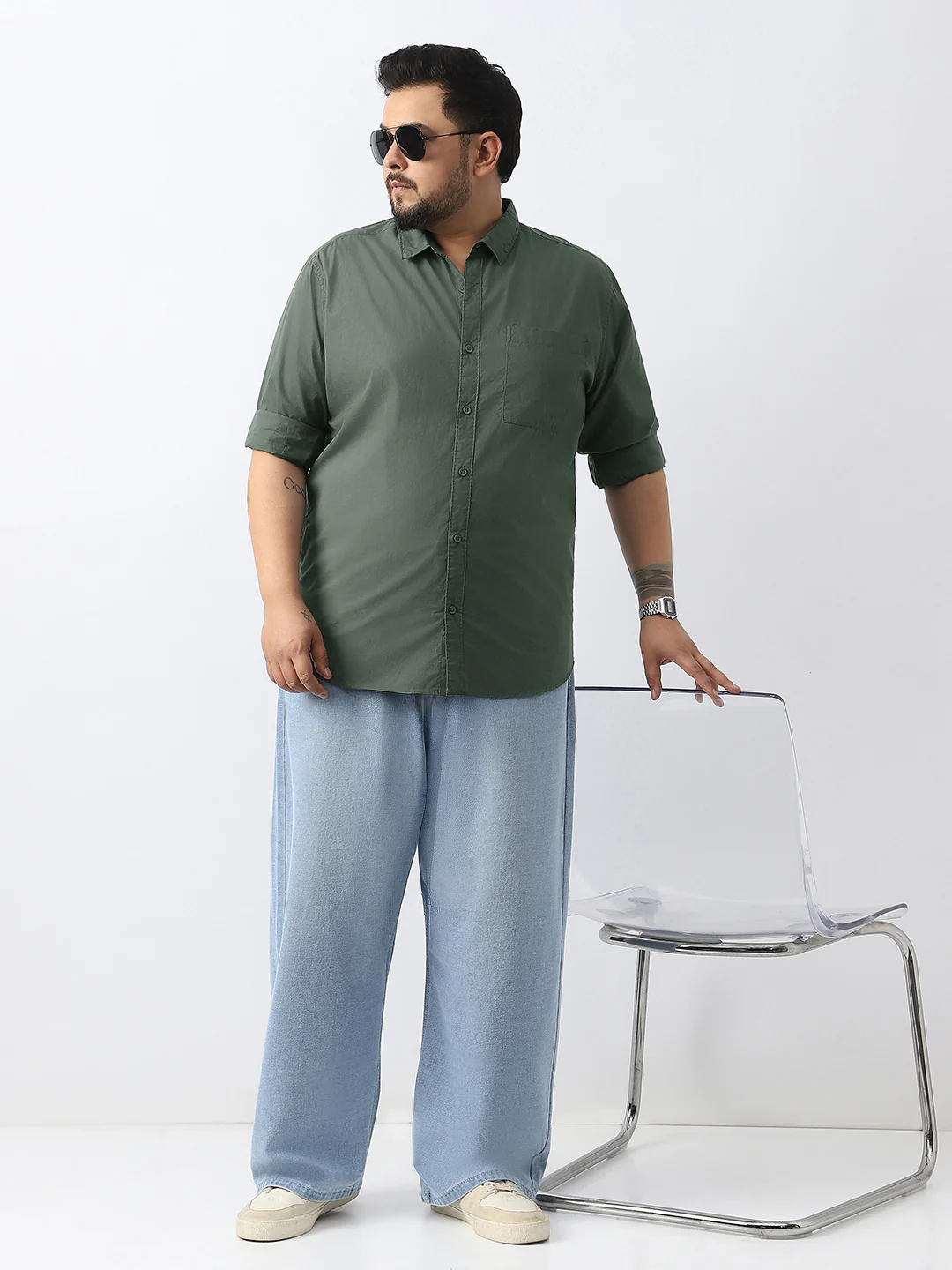 Plus Men's Sage Green Cotton Full Sleeve Regular Fit Casual Solid Shirt - Image 5