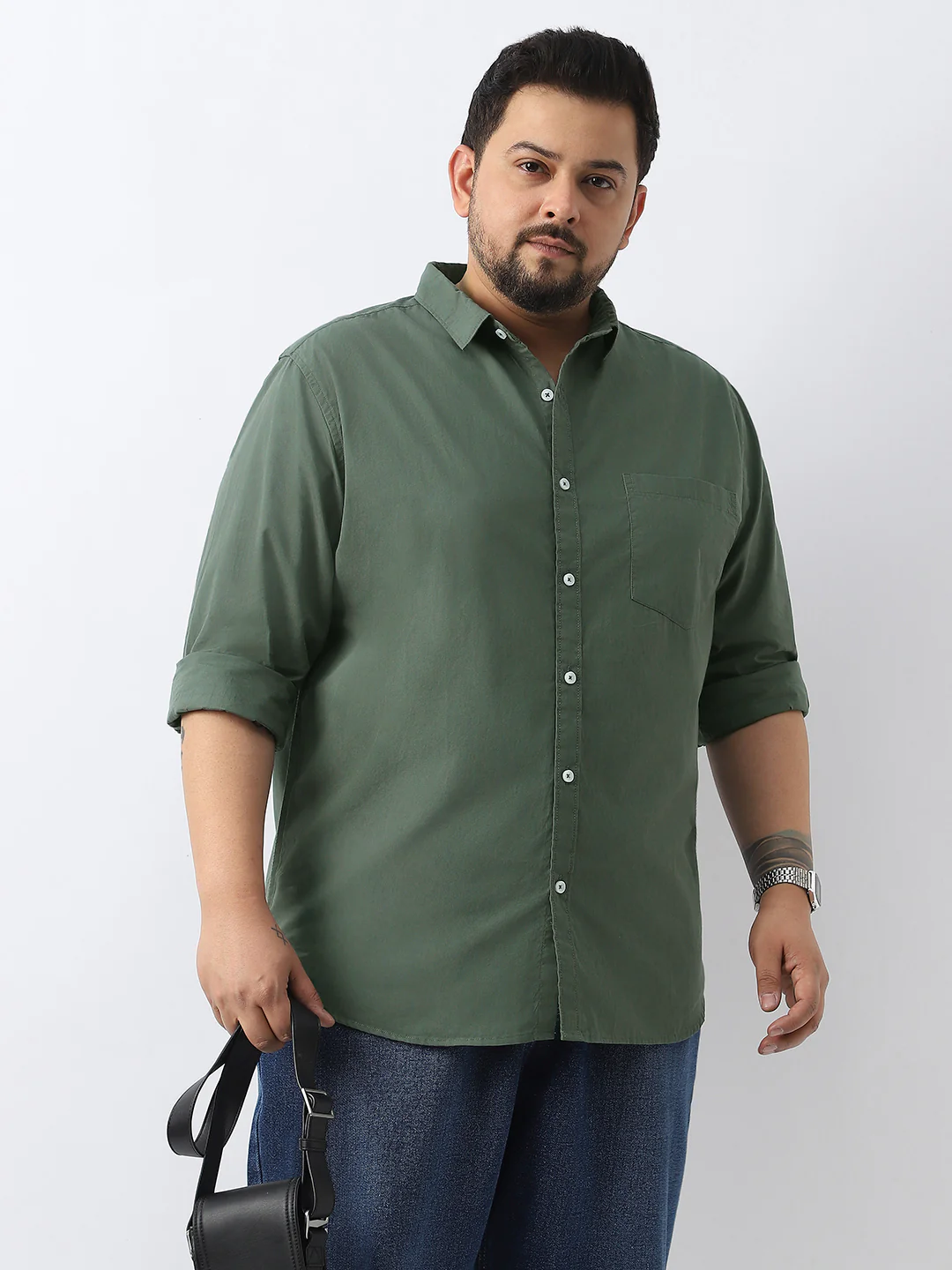 Plus Men's Sage Green Cotton Full Sleeve Regular Fit Casual Solid Shirt