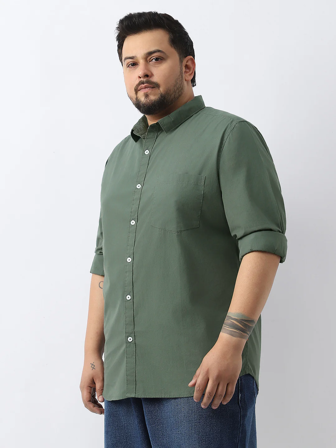 Plus Men's Sage Green Cotton Full Sleeve Regular Fit Casual Solid Shirt - Image 2