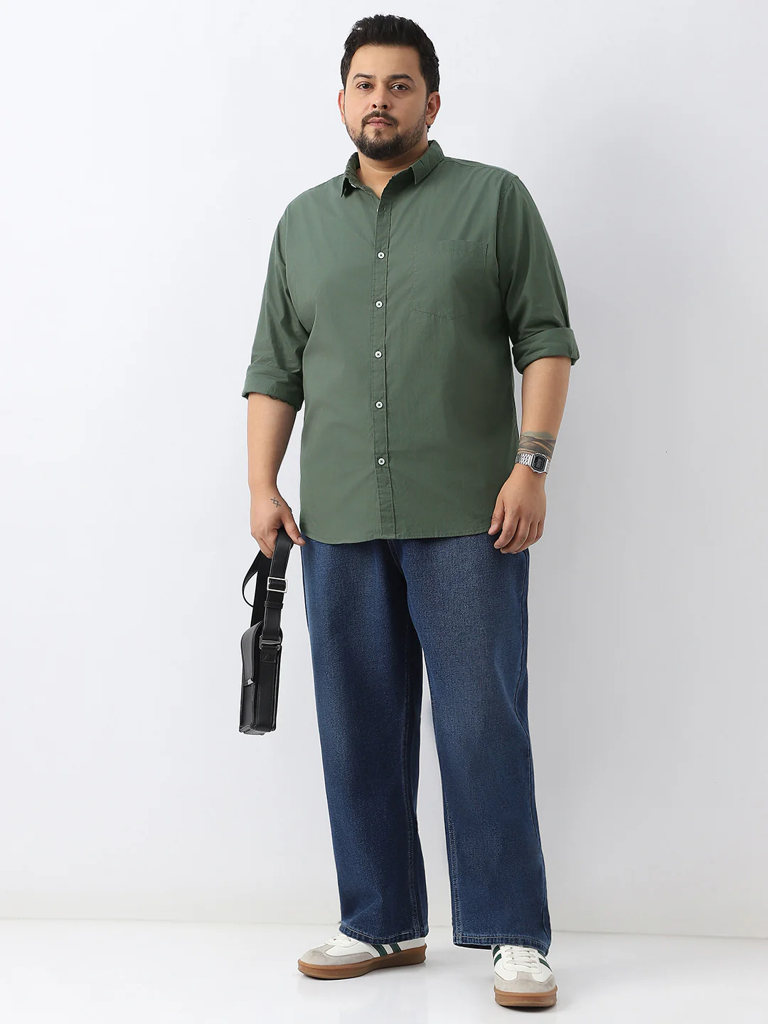 Plus Men's Sage Green Cotton Full Sleeve Regular Fit Casual Solid Shirt - Image 4