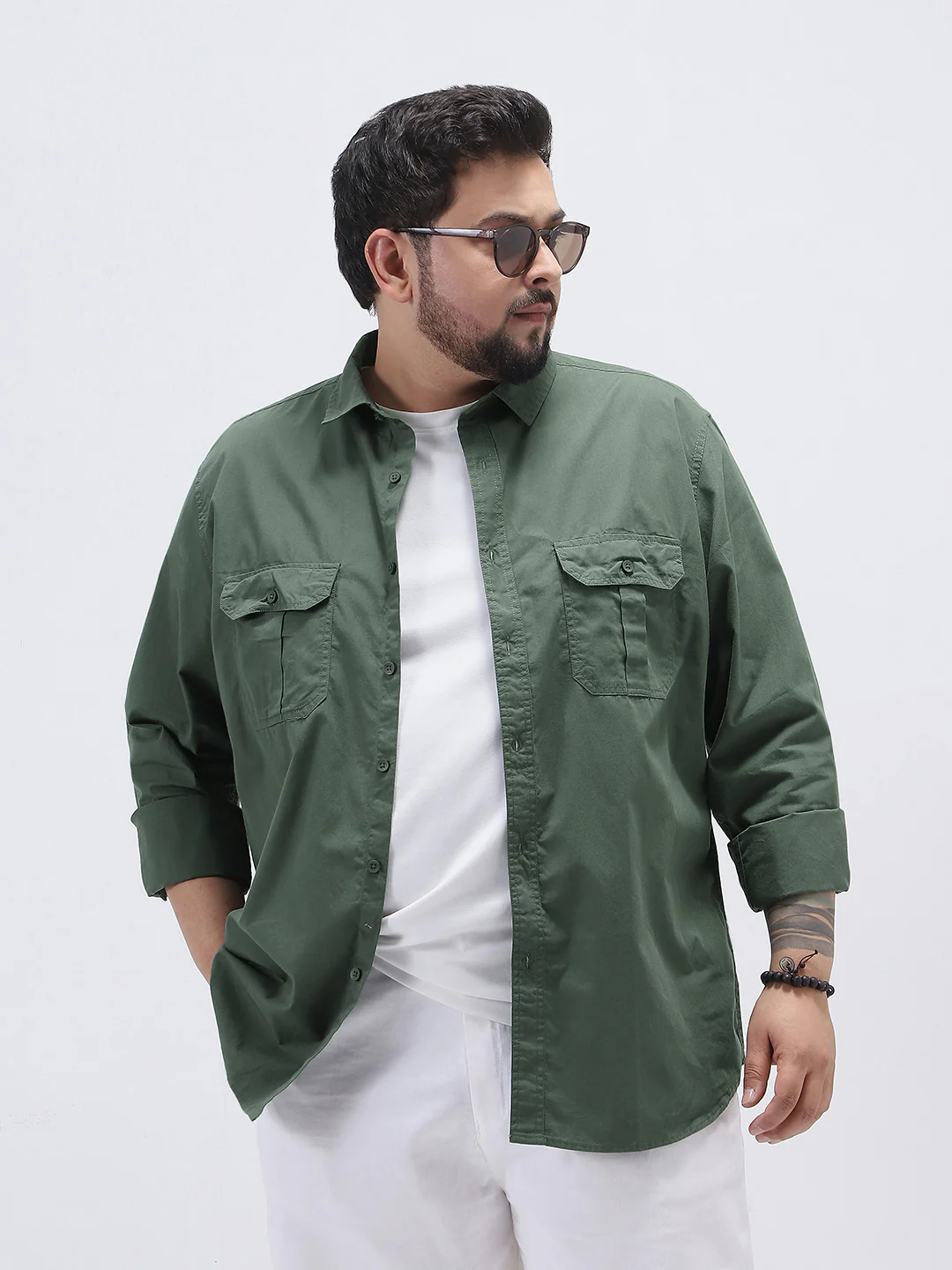 Plus Men's Sage Green Cotton Full Sleeve Regular Fit Casual Solid Shirt - Image 2