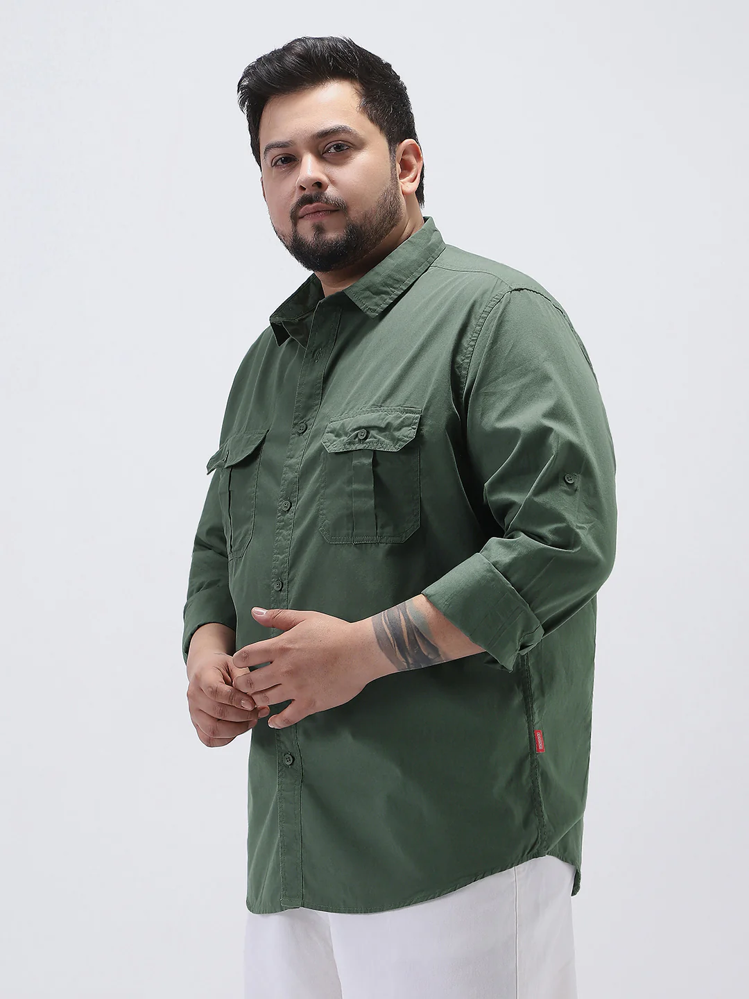 Plus Men's Sage Green Cotton Full Sleeve Regular Fit Casual Solid Shirt - Image 3