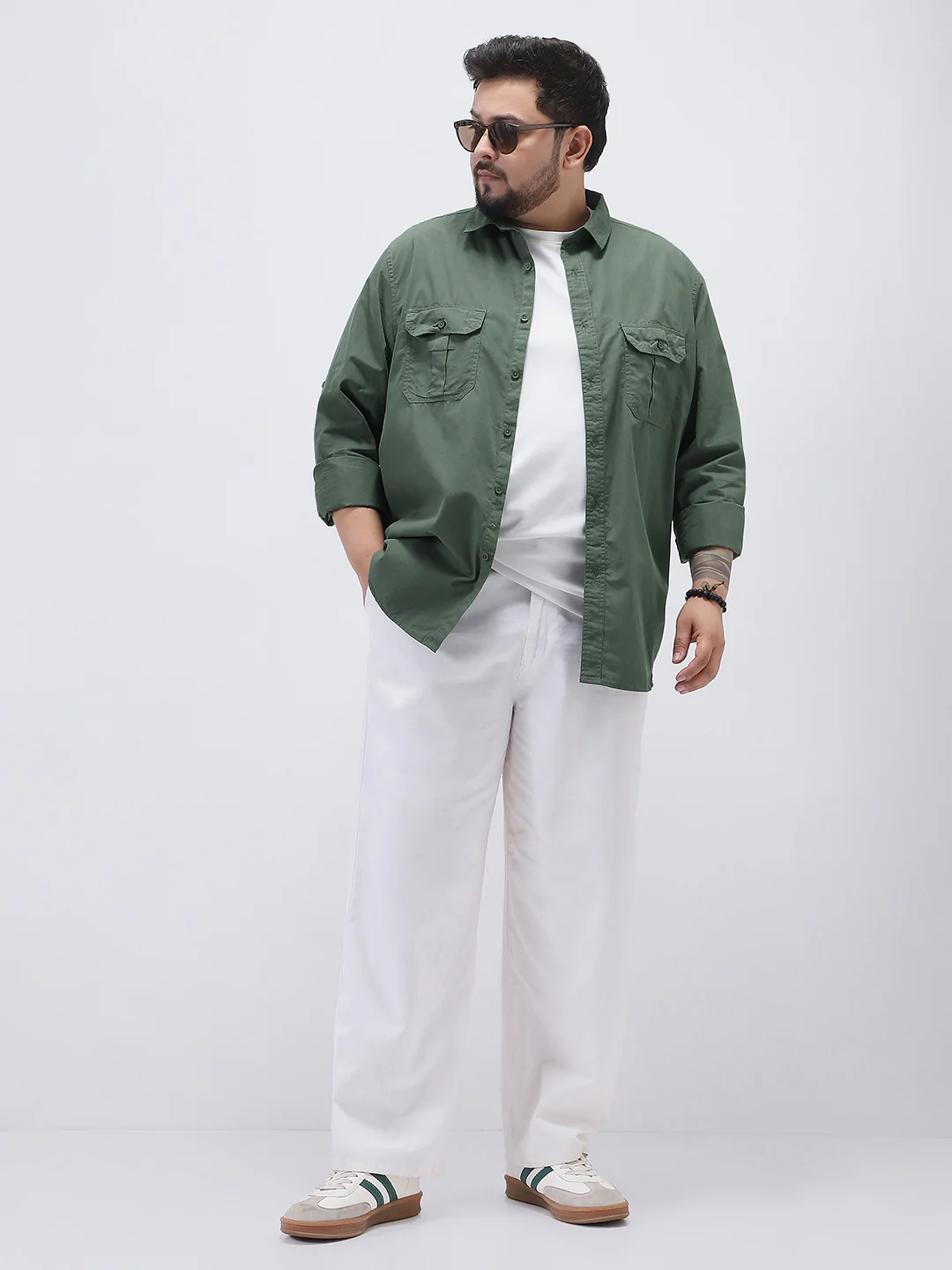 Plus Men's Sage Green Cotton Full Sleeve Regular Fit Casual Solid Shirt - Image 5
