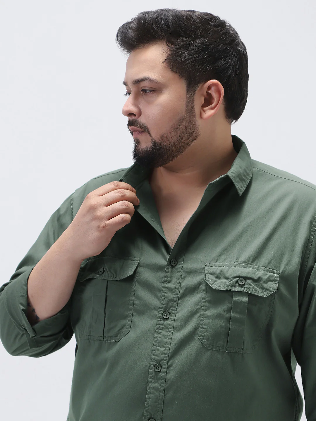 Plus Men's Sage Green Cotton Full Sleeve Regular Fit Casual Solid Shirt - Image 6