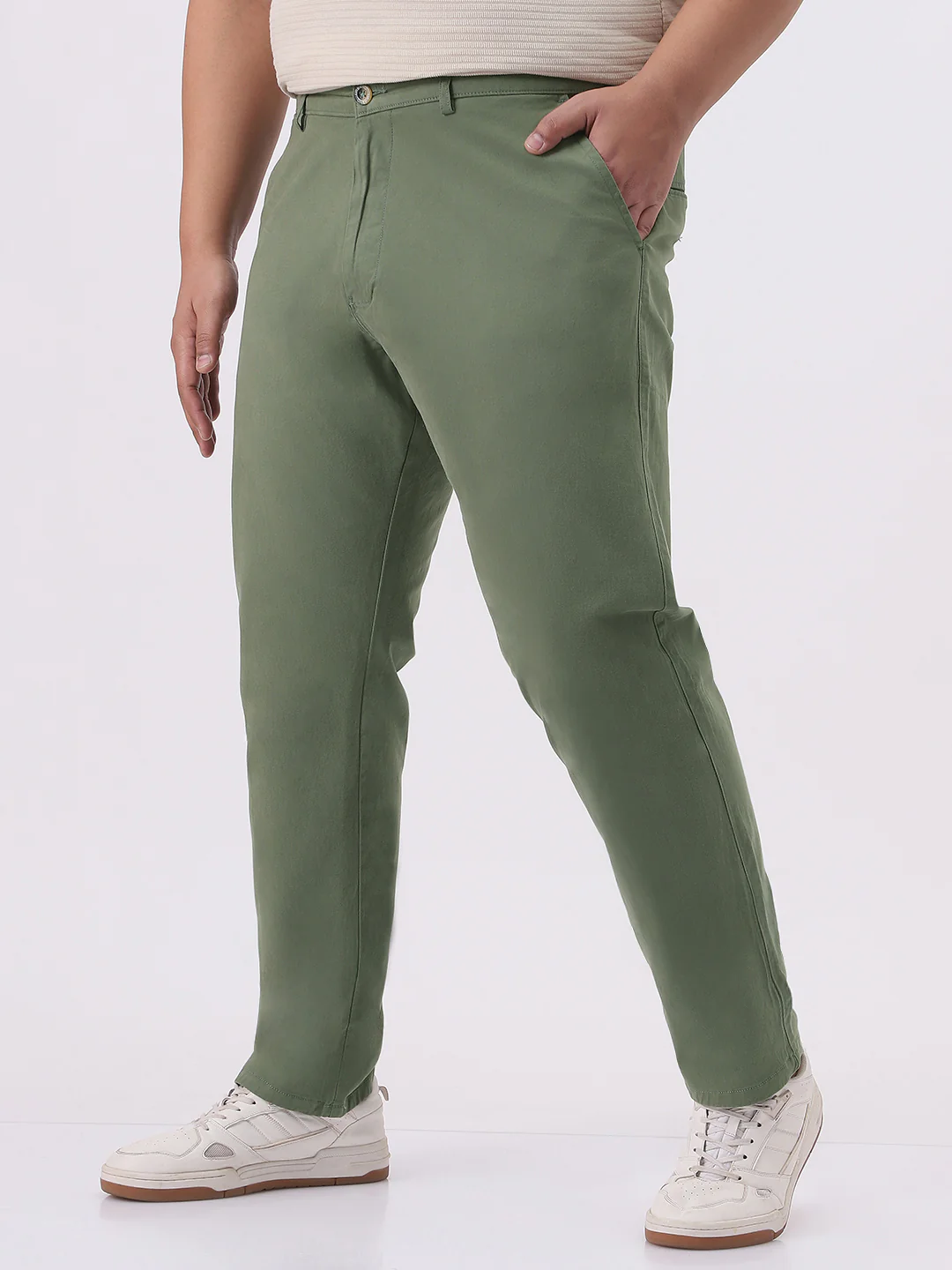 Plus Men's Sage Green Cotton Regular Fit Casual Chinos Trousers Stretch - Image 2
