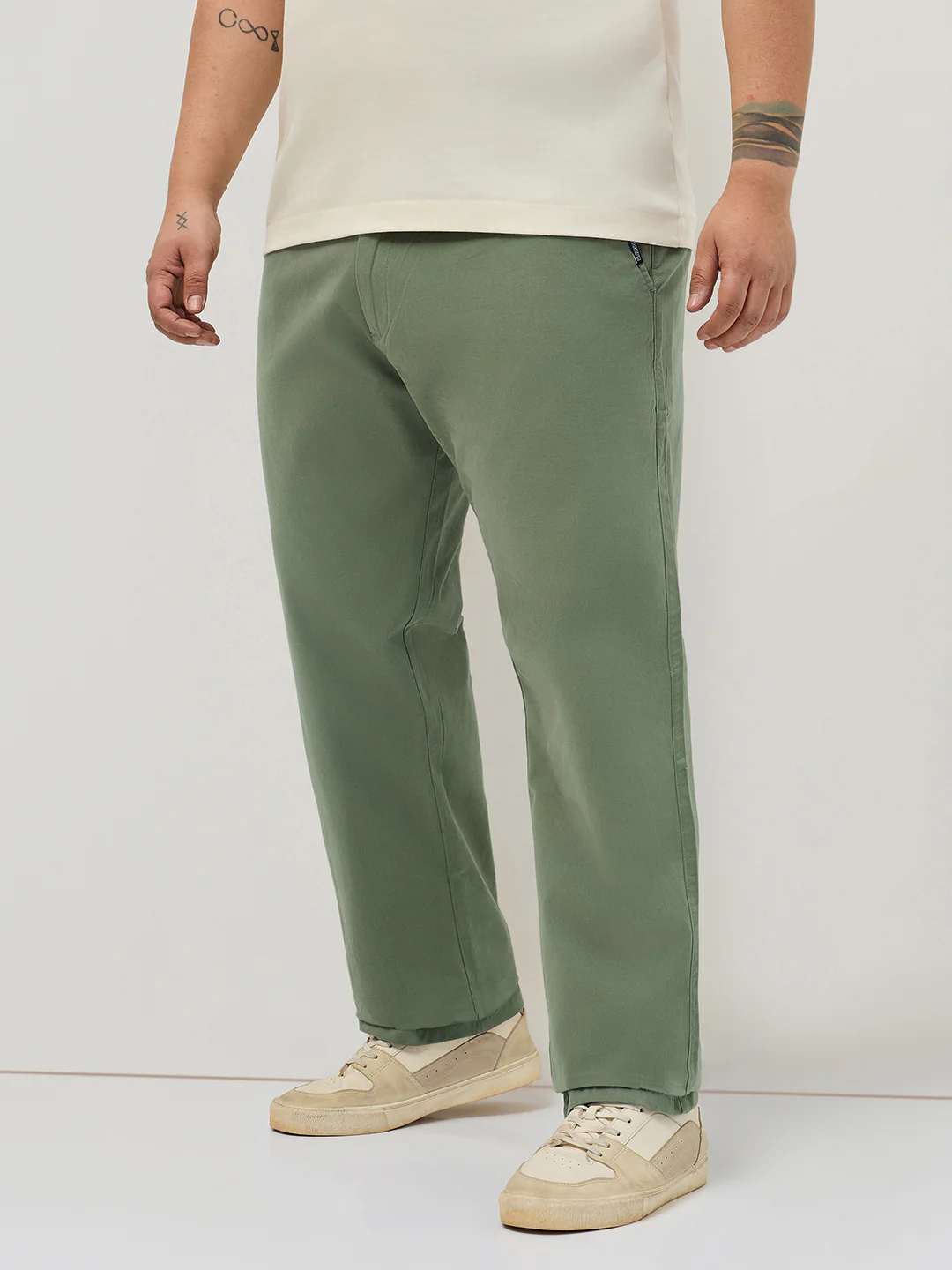 Plus Men's Sage Green Straight Fit Mid Rise Cotton Casual Chinos Trousers Stretch - Image 2