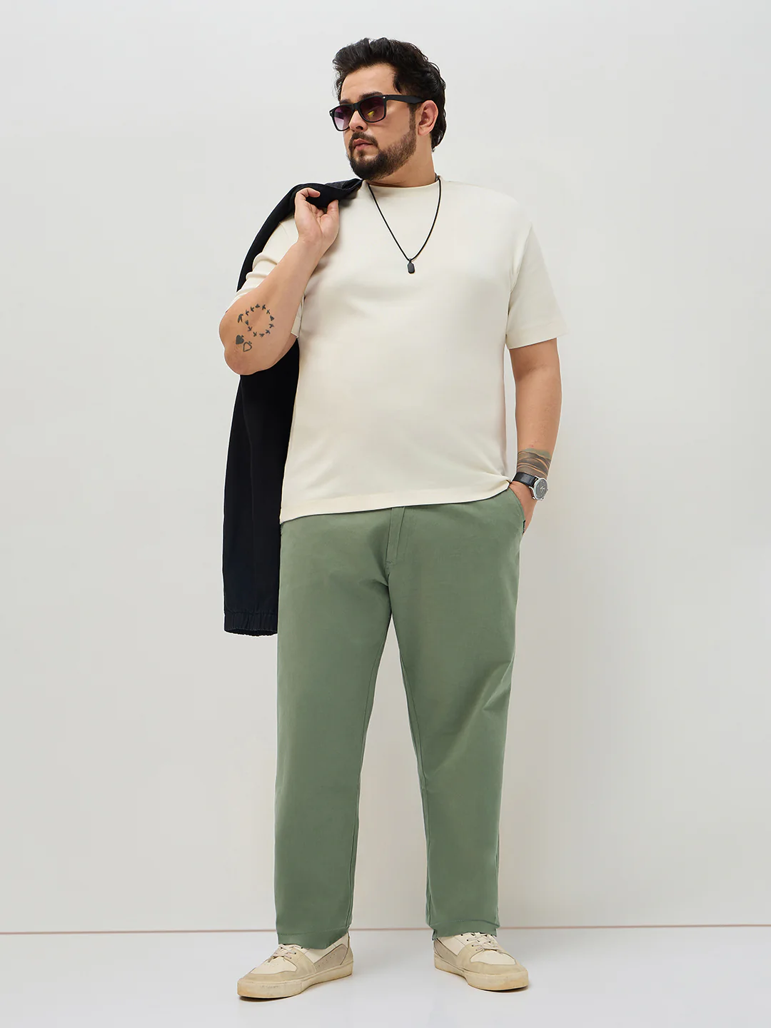 Plus Men's Sage Green Straight Fit Mid Rise Cotton Casual Chinos Trousers Stretch - Image 4