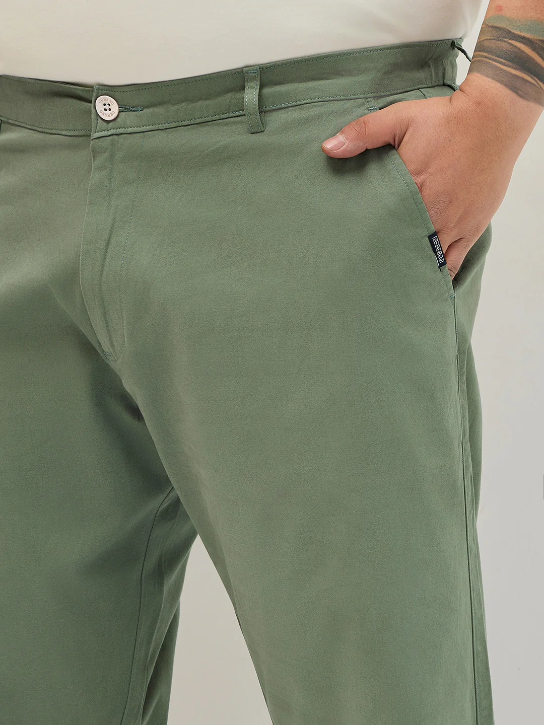 Plus Men's Sage Green Straight Fit Mid Rise Cotton Casual Chinos Trousers Stretch - Image 5