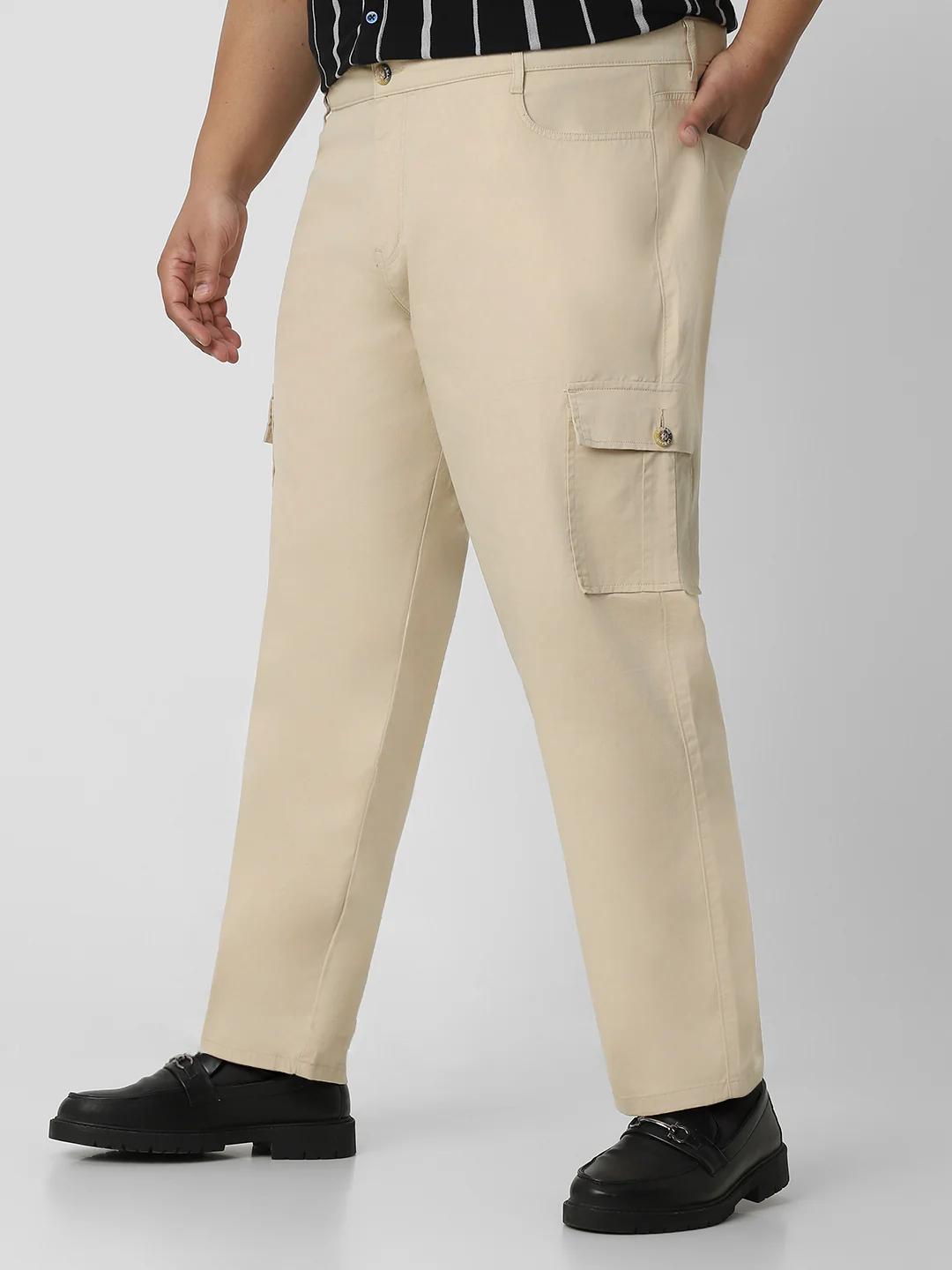 Plus Men's Sand Regular Fit Solid Cargo Chino Pant with 6 Pockets Stretchable - Image 2