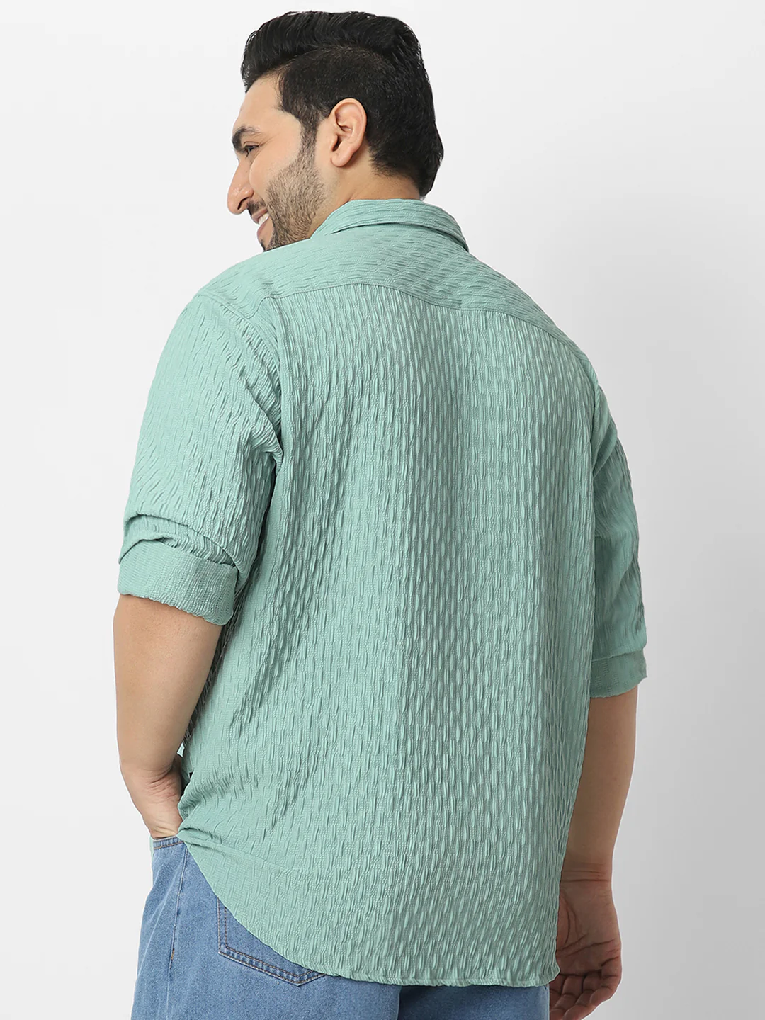 Plus Men's Sea Green Cotton Full Sleeve Regular Fit Textured Shirt with Spread Collar - Image 3