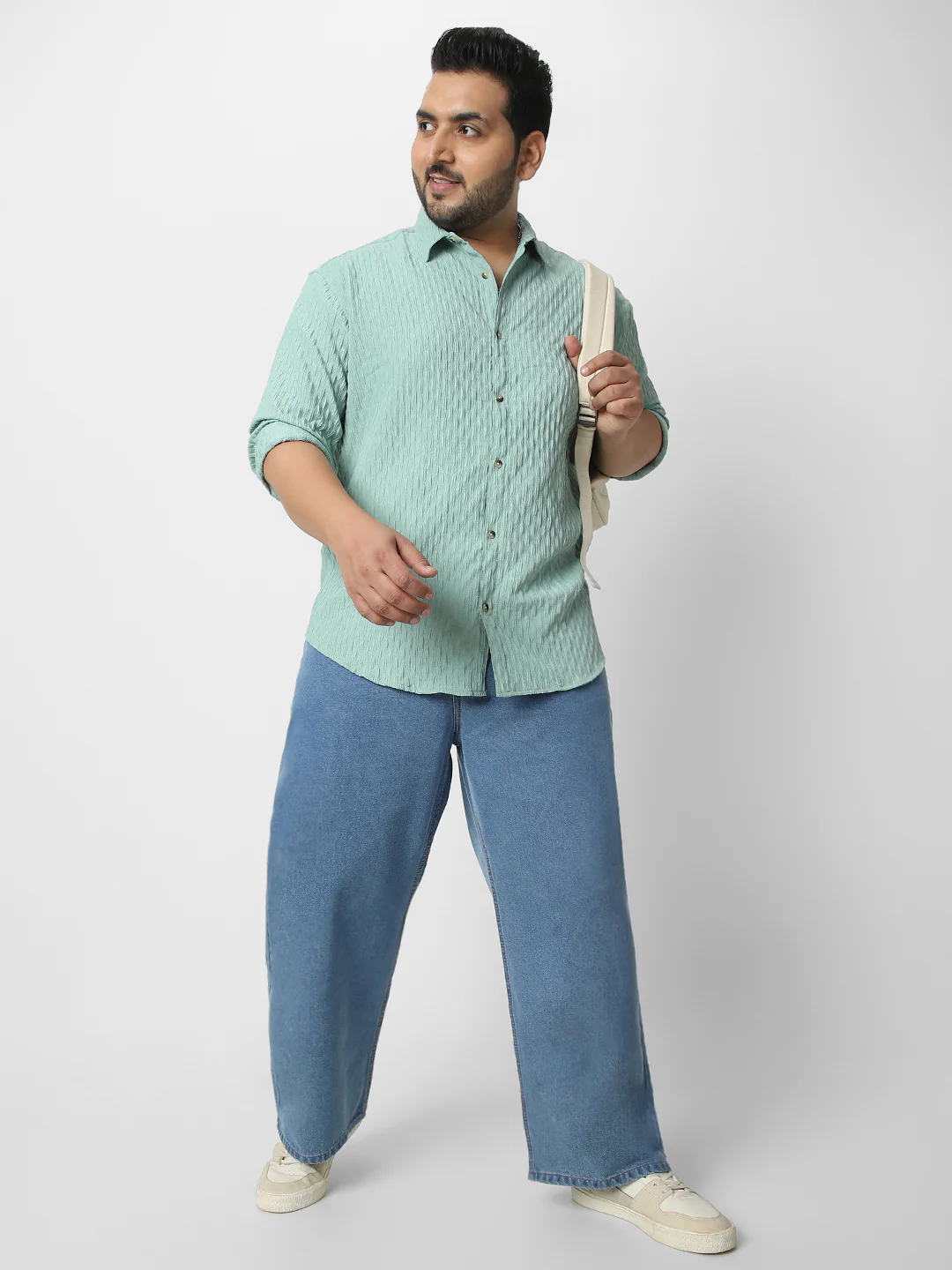 Plus Men's Sea Green Cotton Full Sleeve Regular Fit Textured Shirt with Spread Collar - Image 4