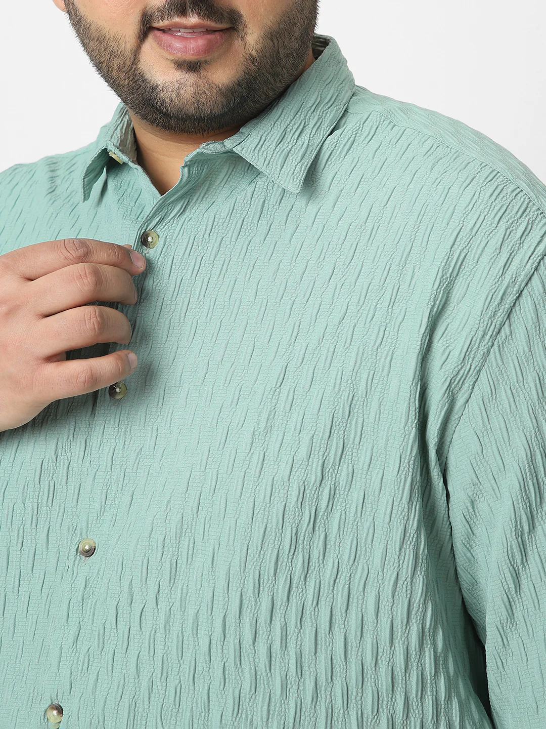 Plus Men's Sea Green Cotton Full Sleeve Regular Fit Textured Shirt with Spread Collar - Image 5