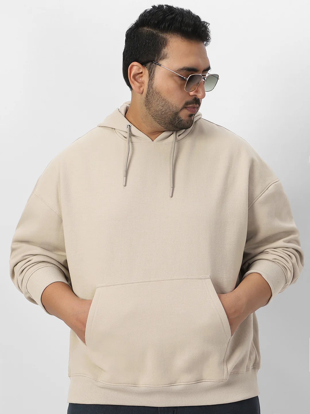 Plus Men's Silver Lining Cotton Solid Oversized Hooded Neck Sweatshirt