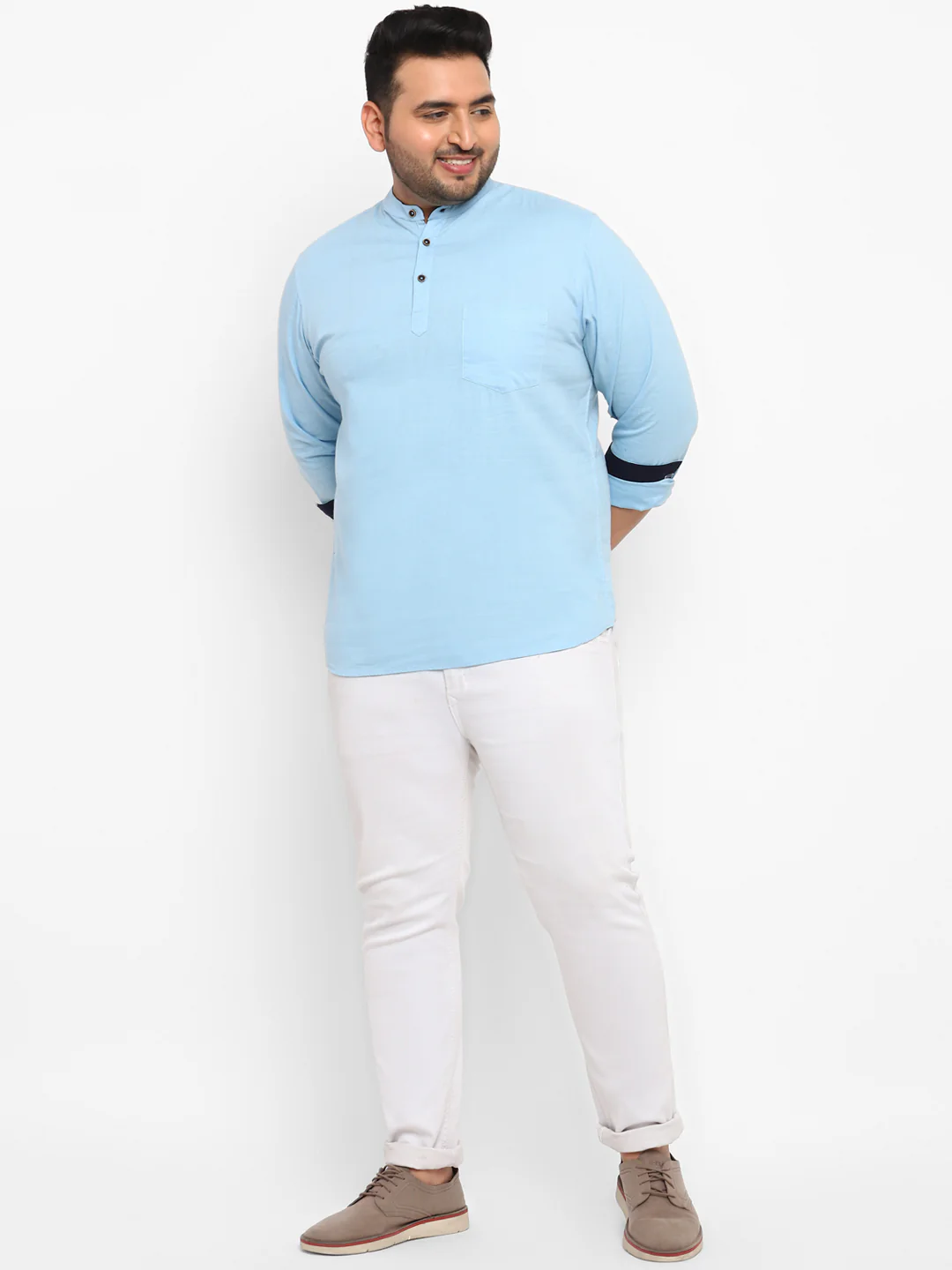 Plus Men's Sky Blue Cotton Full Sleeve Regular Fit Casual Solid Shirt - Image 4