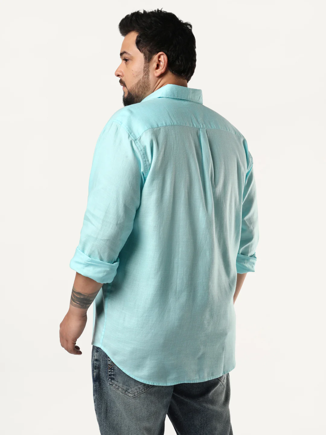 Plus Men's Sky Blue Linen Blend Full Sleeve Relaxed Fit Casual Solid Shirt - Image 3