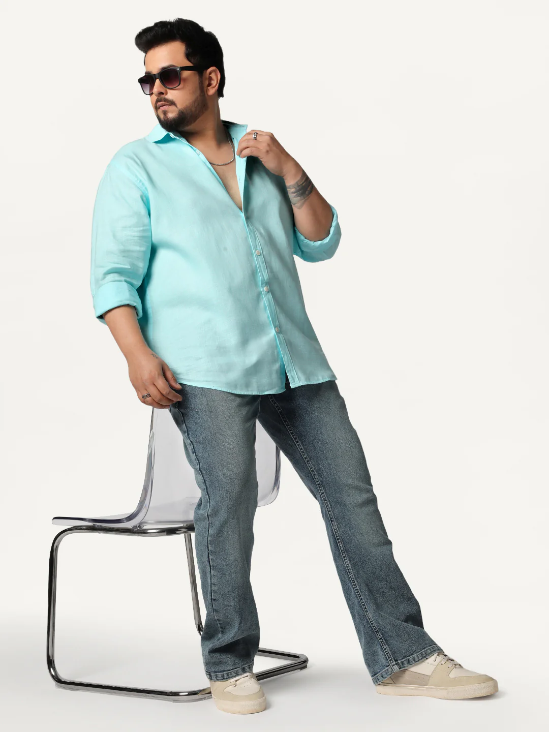 Plus Men's Sky Blue Linen Blend Full Sleeve Relaxed Fit Casual Solid Shirt - Image 4