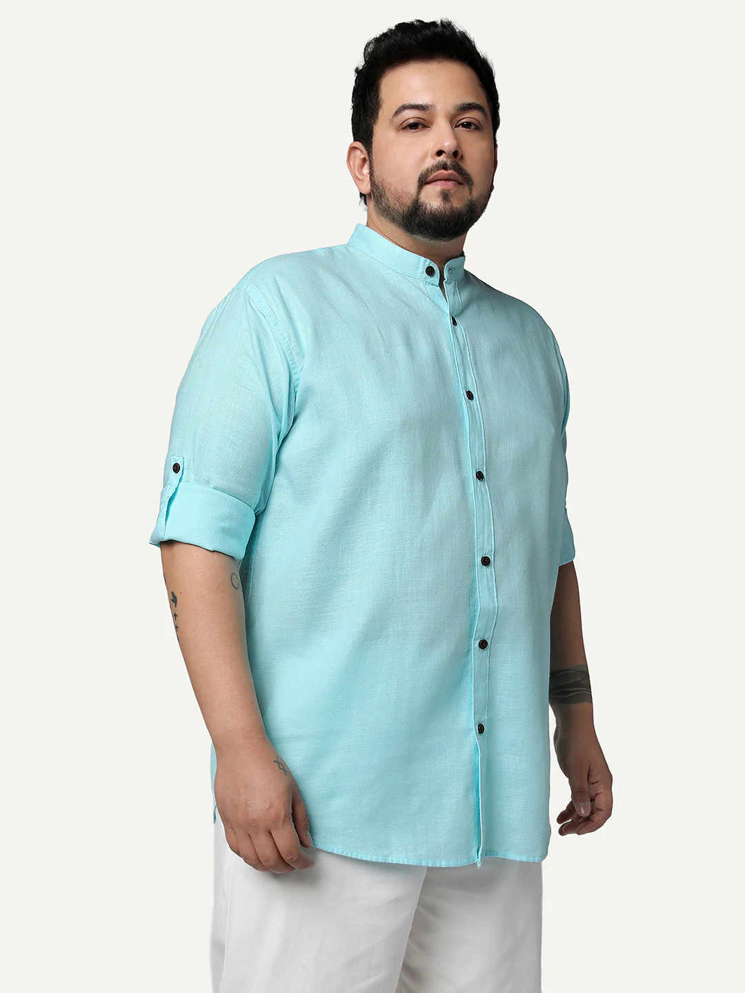 Plus Men's Sky Blue Linen Blend Full Sleeve Relaxed Fit Mandarin Collar Casual Solid Shirt - Image 2