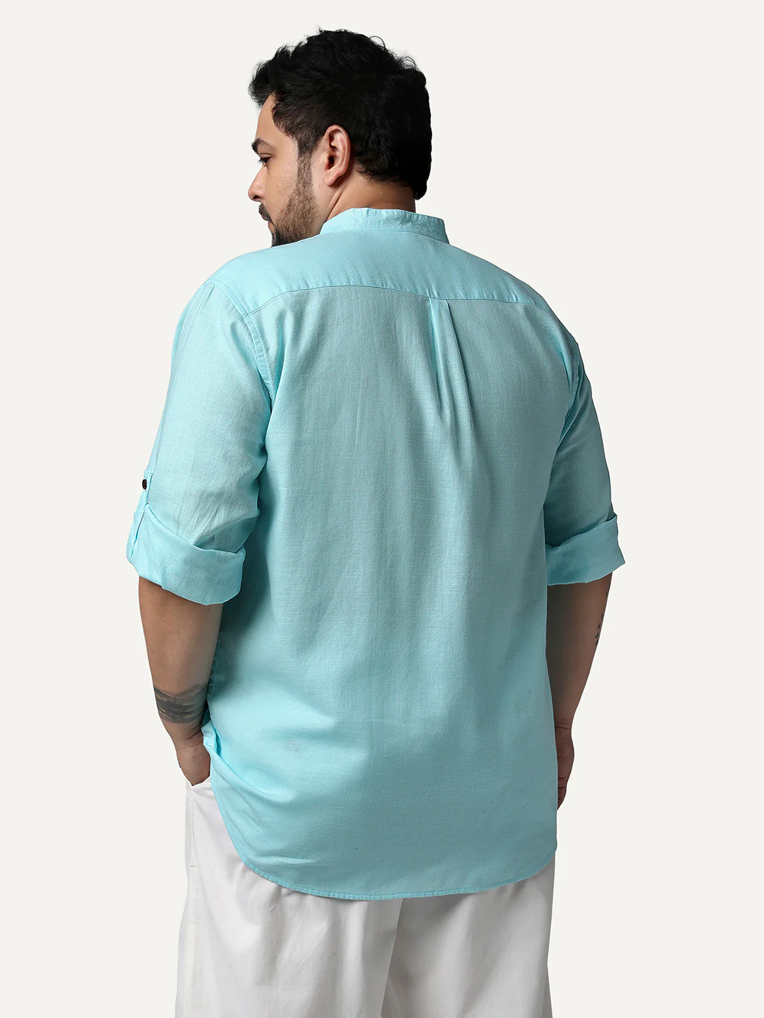 Plus Men's Sky Blue Linen Blend Full Sleeve Relaxed Fit Mandarin Collar Casual Solid Shirt - Image 3