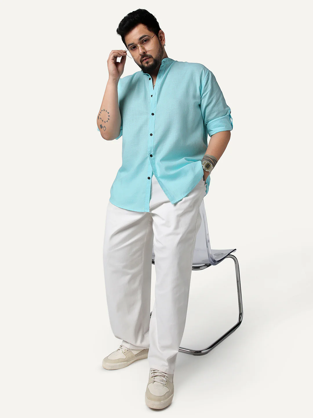 Plus Men's Sky Blue Linen Blend Full Sleeve Relaxed Fit Mandarin Collar Casual Solid Shirt - Image 4